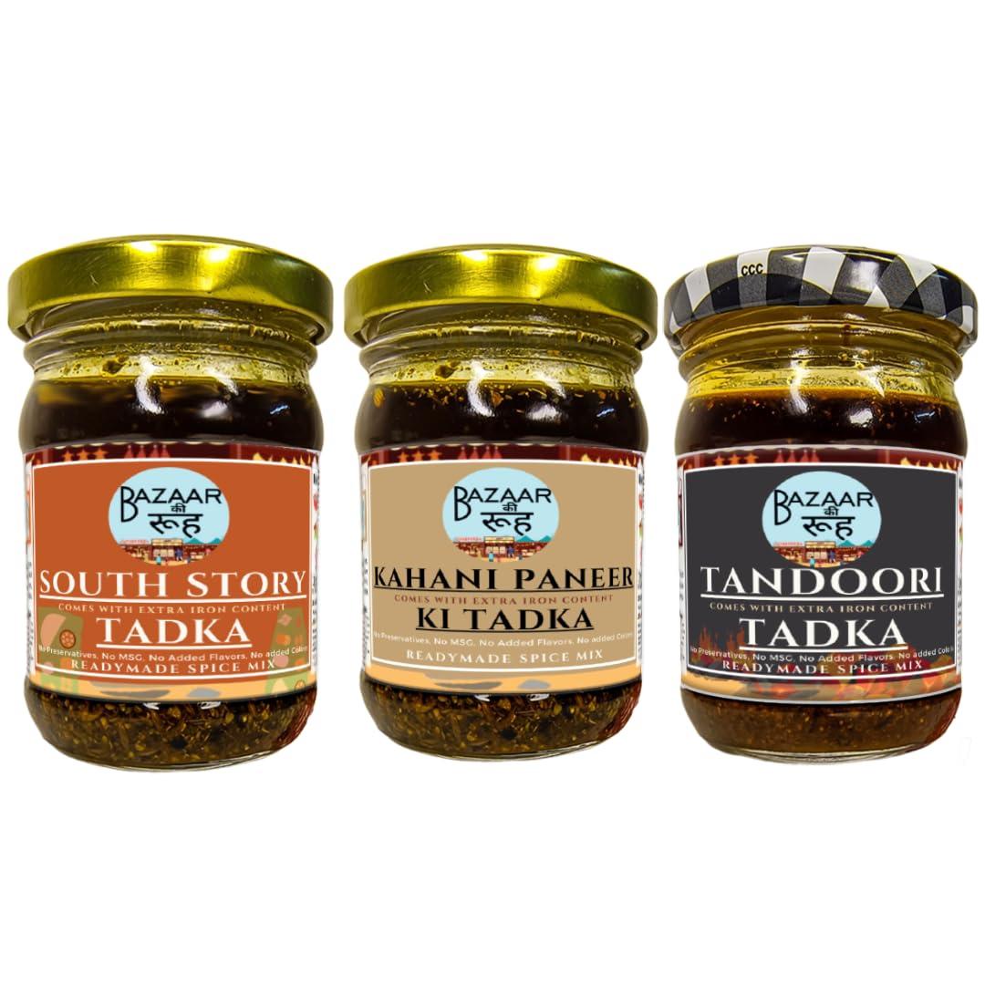 Bazaar Ki Rooh BazaaRooh Readymade Spice Mix Tadka Pack 100g*3 Tandoori Masala, South Indian Masala, Paneer Masala Natural Oil Infused Spices elevating Flavour, No-Added Preservatives, Additives