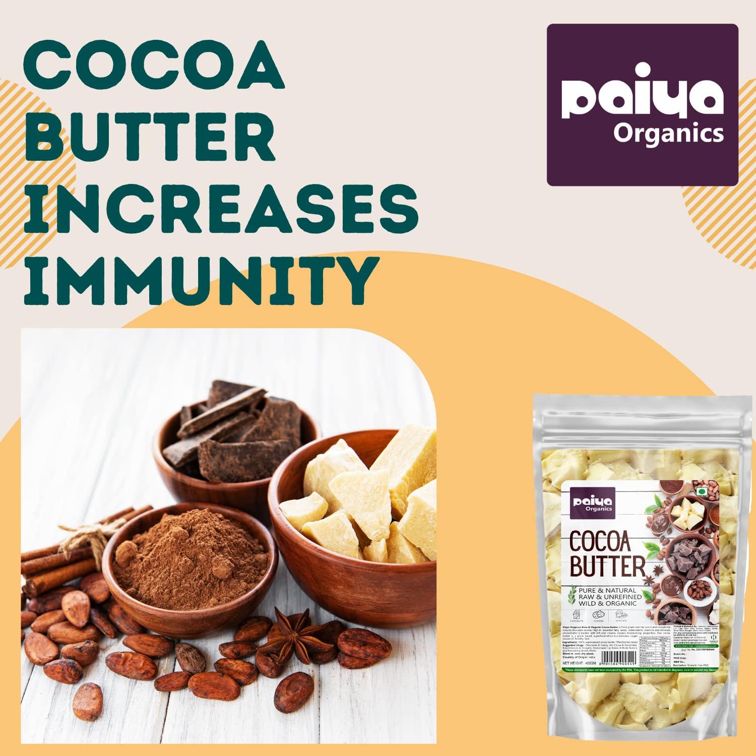 paiya organics Paiya Organic Cocoa Butter for Chocolate Making Food Grade Raw & Organic Great For Face, Skin, Body, Lips, Stretch Mark 400gm