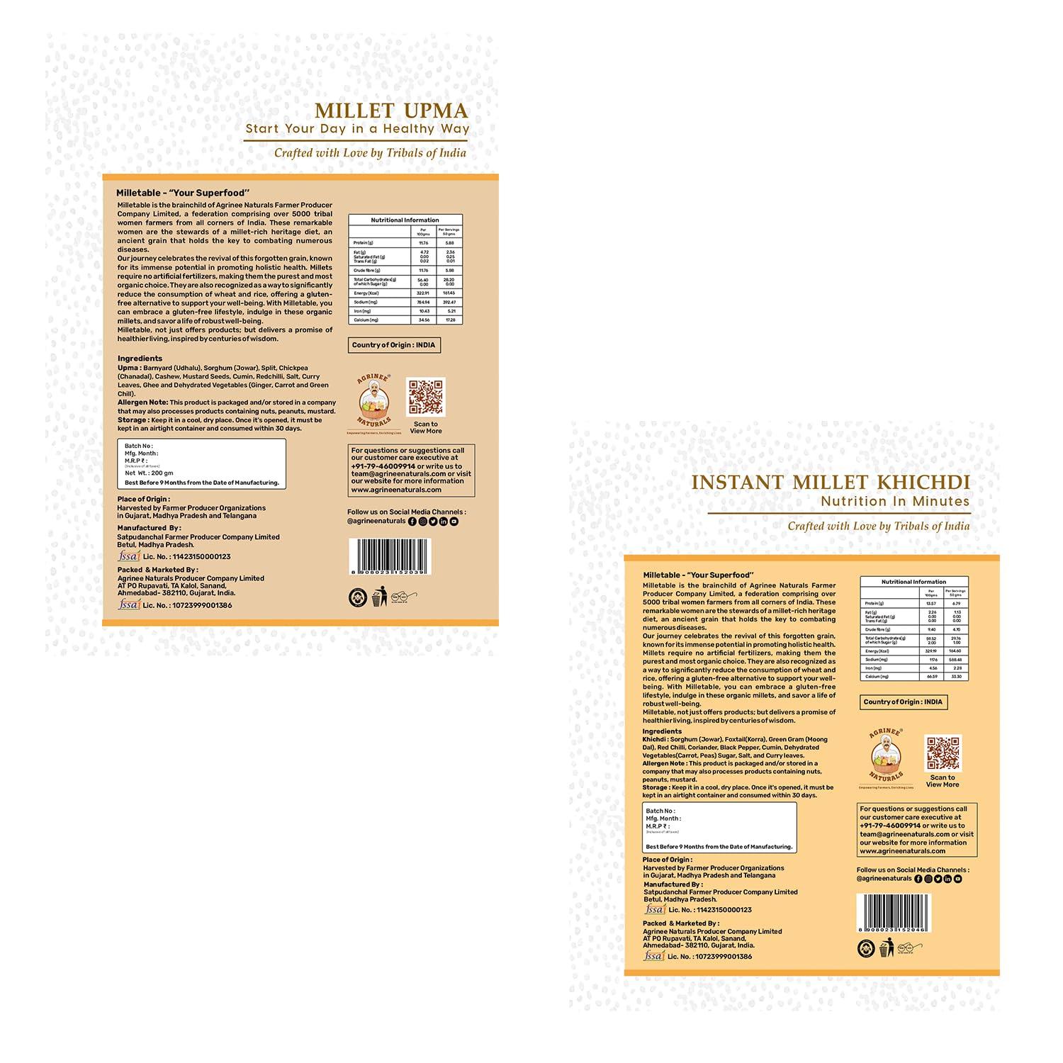 Milletable Milletable Instant Upma & Khichdi Mix - Healthy & Tasty Breakfast, Ready to Cook, Pack of 2 (200g each) - Nutritious Millet Blend for Quick Meals