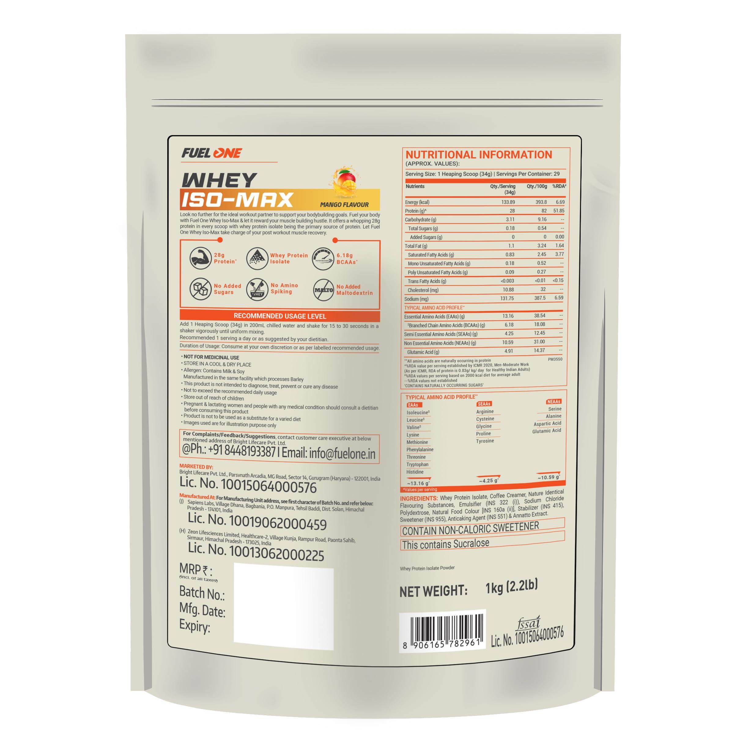 FUELONE FUELONE Whey Iso-Max (Mango, 1kg / 2.2lbs) | Whey Protein Isolate | 28g Protein