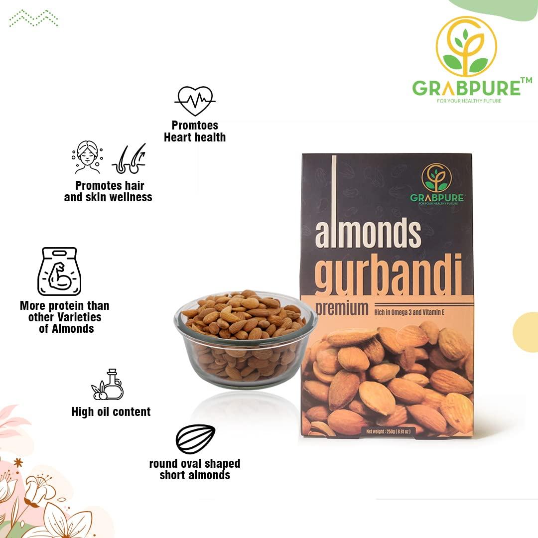 GRABPURE GRABPURE 100% Pure Afghan Gurbandi Almonds/Gurbandi Badam 250 Grams (Rich In Oil) (Pack Of 2), Dried