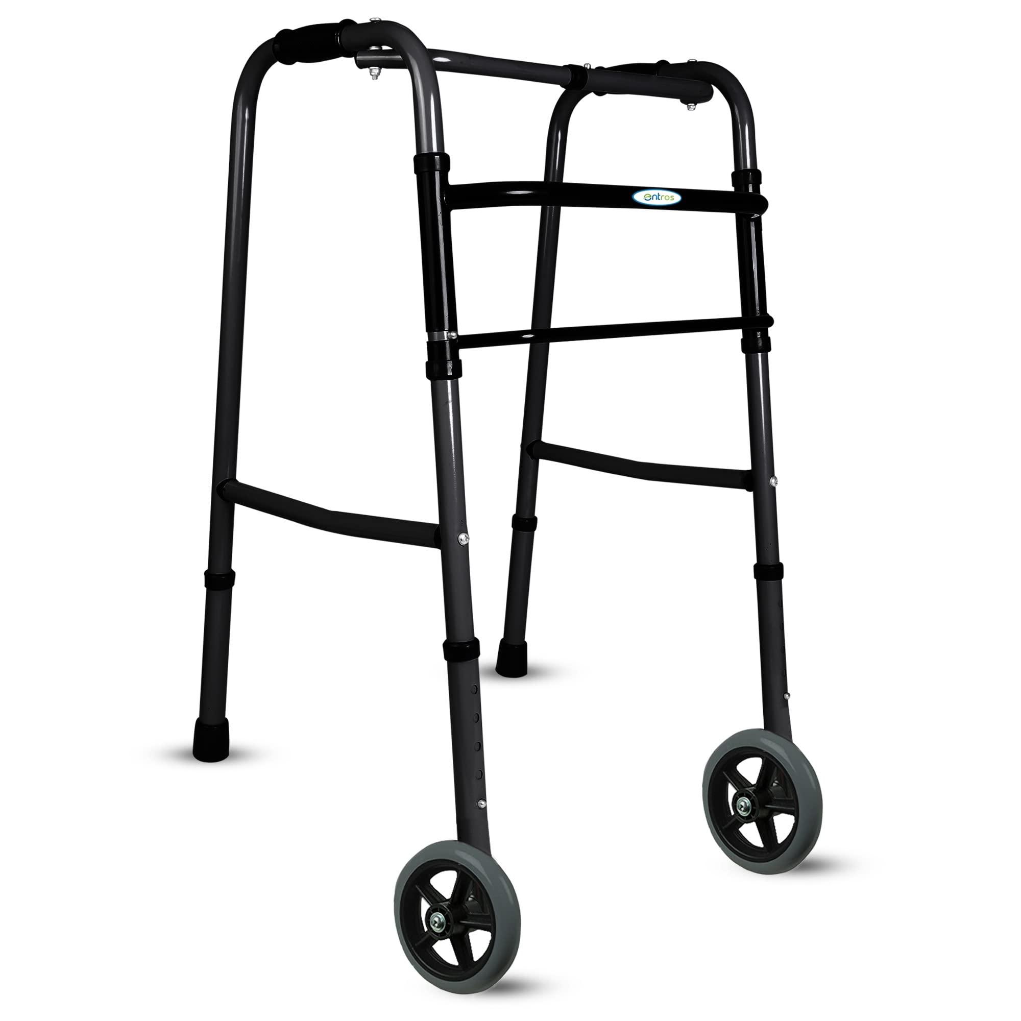 entros Entros Adult Walker with Wheels | Lightweight, Foldable & Height Adjustable Walkers for Adult, Senior Citizens, Handicap & Patients | MS Power Coated, Black, W779AW