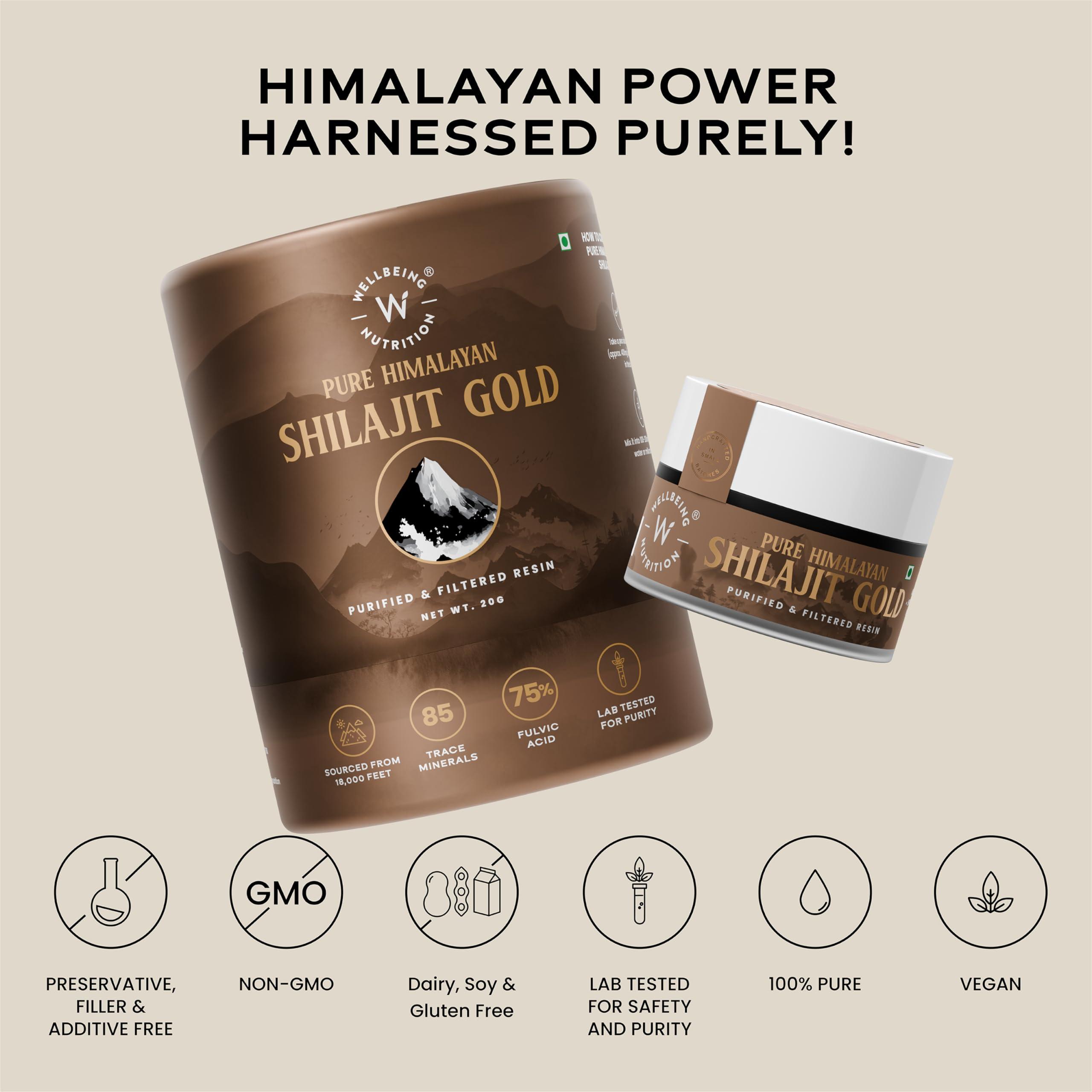 Wellbeing Nutrition Wellbeing Nutrition Pure Himalayan Shilajit Gold Resin for Strength, Stamina, Performance, Stress Relief and Vitality | With Ashwagandha, Safed Museli & Swarna Bhasma (24K Gold Leaf) | Lab Tested - 20g