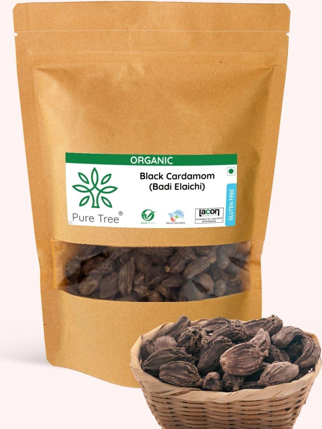 Pure Tree Pure Tree Certified Organic Black Cardamom Whole | 50 g | Badi Elaichi Indian Spice | Moti Elaichi Organic Adds Aroma and Flavour | Cardamom Elaichi Whole