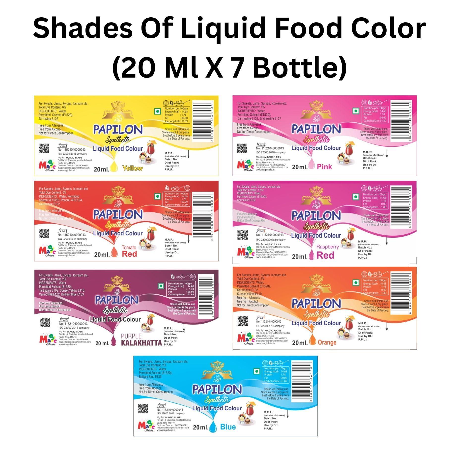 PAPILON FOOD FLAVOURS & COLOURS PAPILON FOOD FLAVOURS & COLOURS Shades Of Liquid Food Color (20 Ml X 7 Bottle)