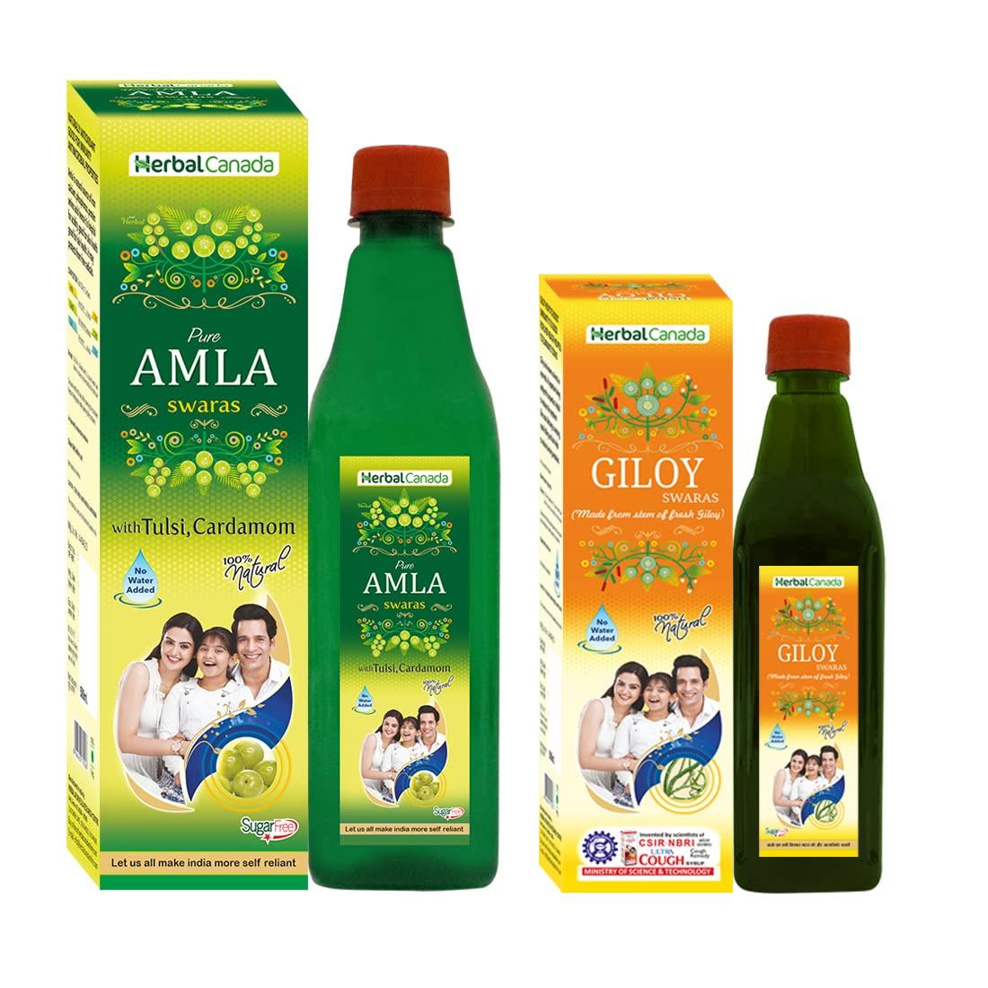 Harc Herbal Canada HARC Herbal Canada Pure Amla Juice Swaras Sugar Free (1 Liter) and Giloy Ras Swaras (500ml) | Help for Boosts Immunity System and Body's Resistance Against Infections (Combo Pack)