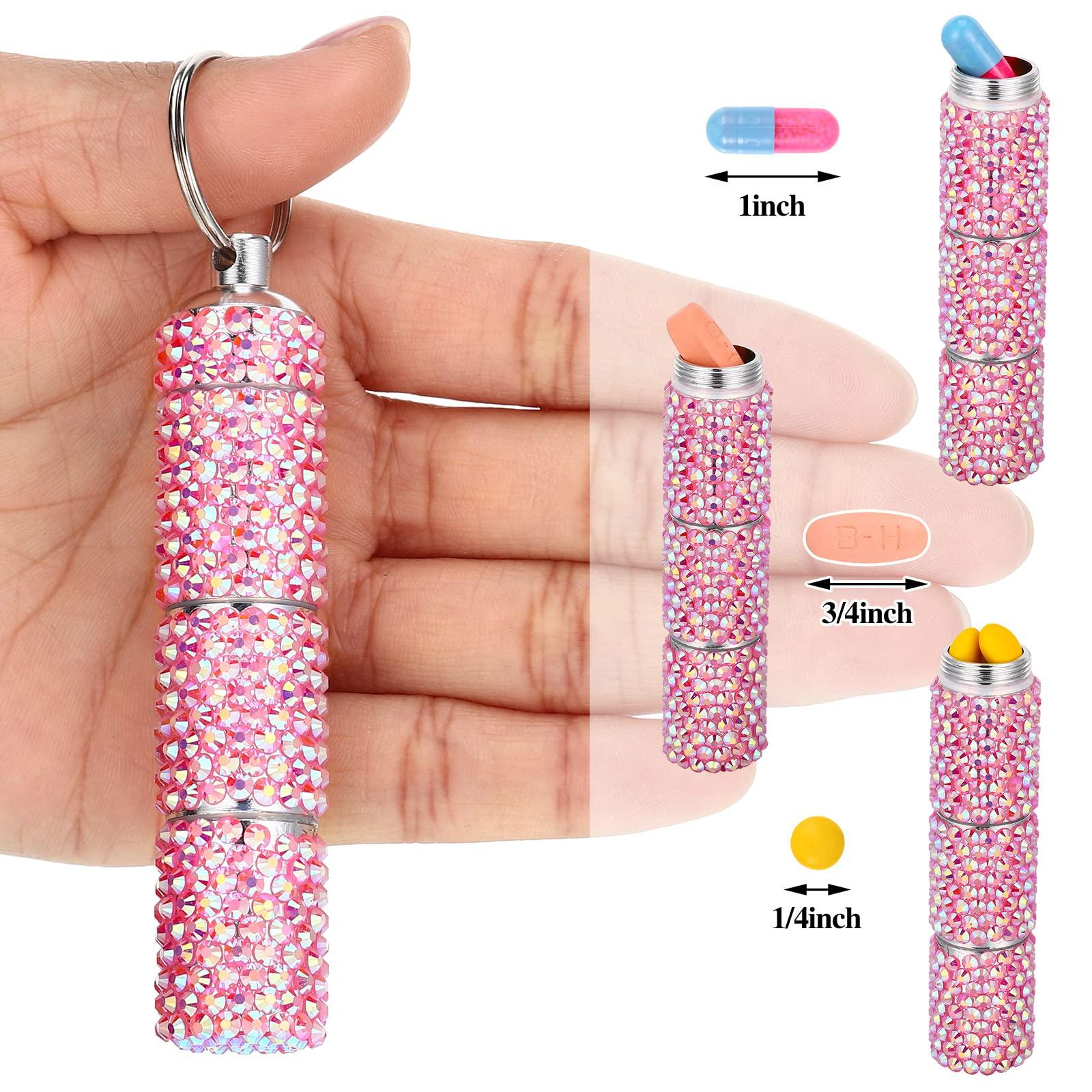 Vesici Vesici 2 Pcs Bling Rhinestone Portable Pill Case with Keychain Small Fancy Container Glitter Waterproof Holder for Women Aluminum Bottle Reusable Outdoor Camping (Pink, White AB)