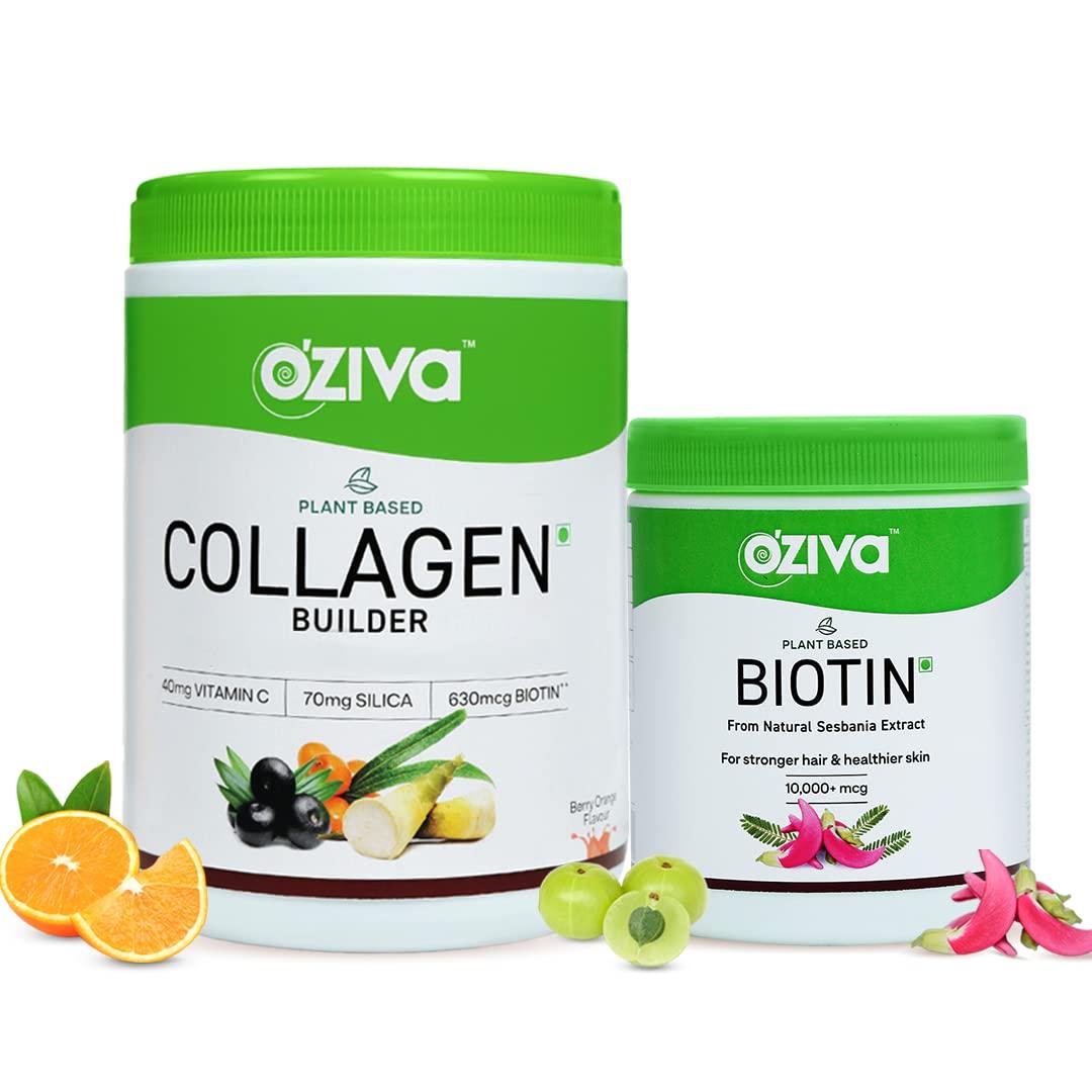 OZiva OZiva Plant Based Collagen Builder Powder (With Vitamin C) Berry Orange,250G & Plant Based Biotin 10000+ Mcg (With Natural Sesbania Agati Extract) For Stronger Hair & Healthier Skin,125G(Combo Pack)