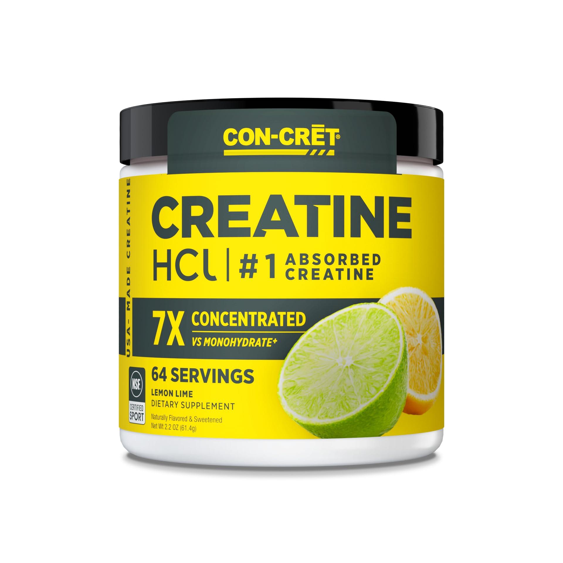 CON-CRET CON-CRET Concentrated Creatine HCL - supports Muscle, Cognitive, Cellular Energy | No Bloating or Cramps | USA Made & NSF Certified | 60 Micro-dosed servings | Lemon Lime Flavour (57.6gms)