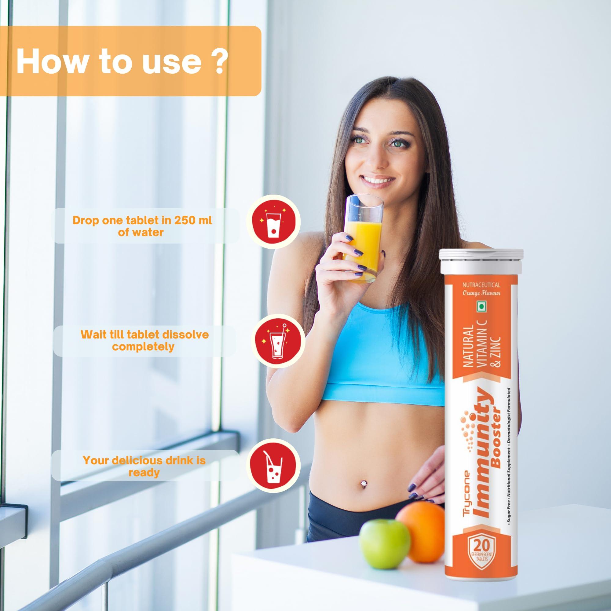 TRYCONE Trycone Immunity Booster for Adults with Natural Vitamin C from Amla Extract & Zinc Antioxidant Immunity Booster Skin care - 60 Effervescent Tablets Orange Flavour