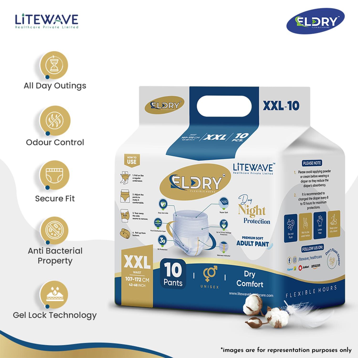 ELDRY ELDRY Unisex | Premium Soft Adult Pant Style Diapers | 80 Counts | (XXL) Size 107-172 Cm (42\'\'-68\'\' Inch) | Leakproof, Wetness Indicator, 12 hrs Overnight Protection | (Pack of 8)