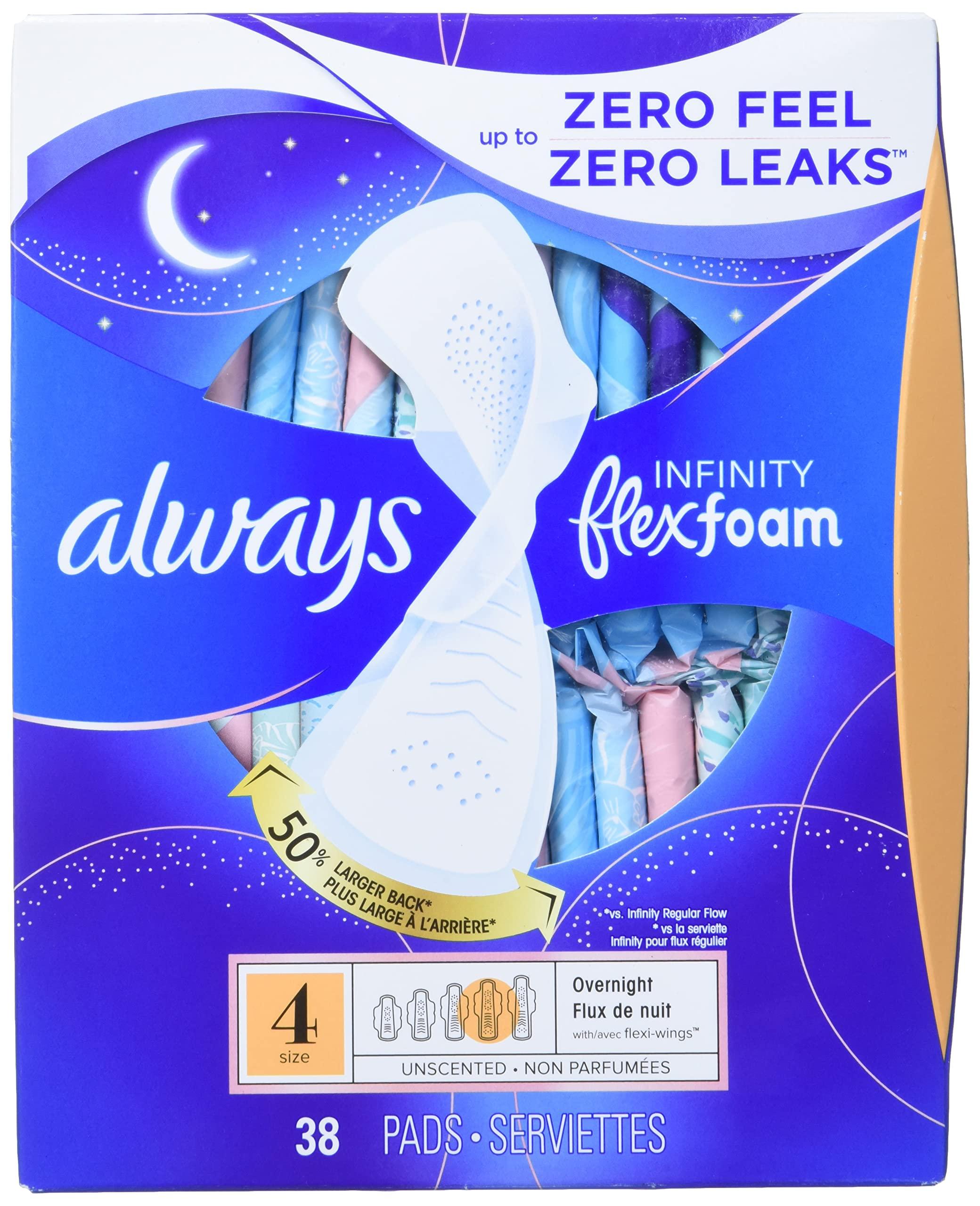 Always Always Infinity Size 4 Overnight Sanitary Pads with Flexi-Wings Wings, Unscented - 38 Count
