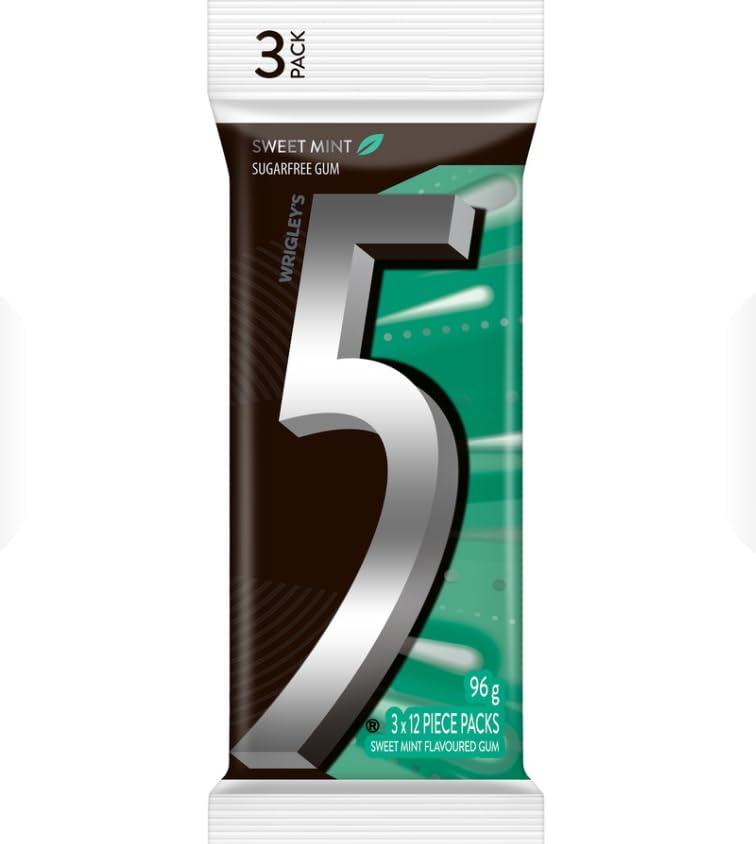 Generic Wrigley\'s Sugar Free 5 Gum Sweet Mint Flavoured Chewing Gum 3 x 12 Piece Packs 96gm