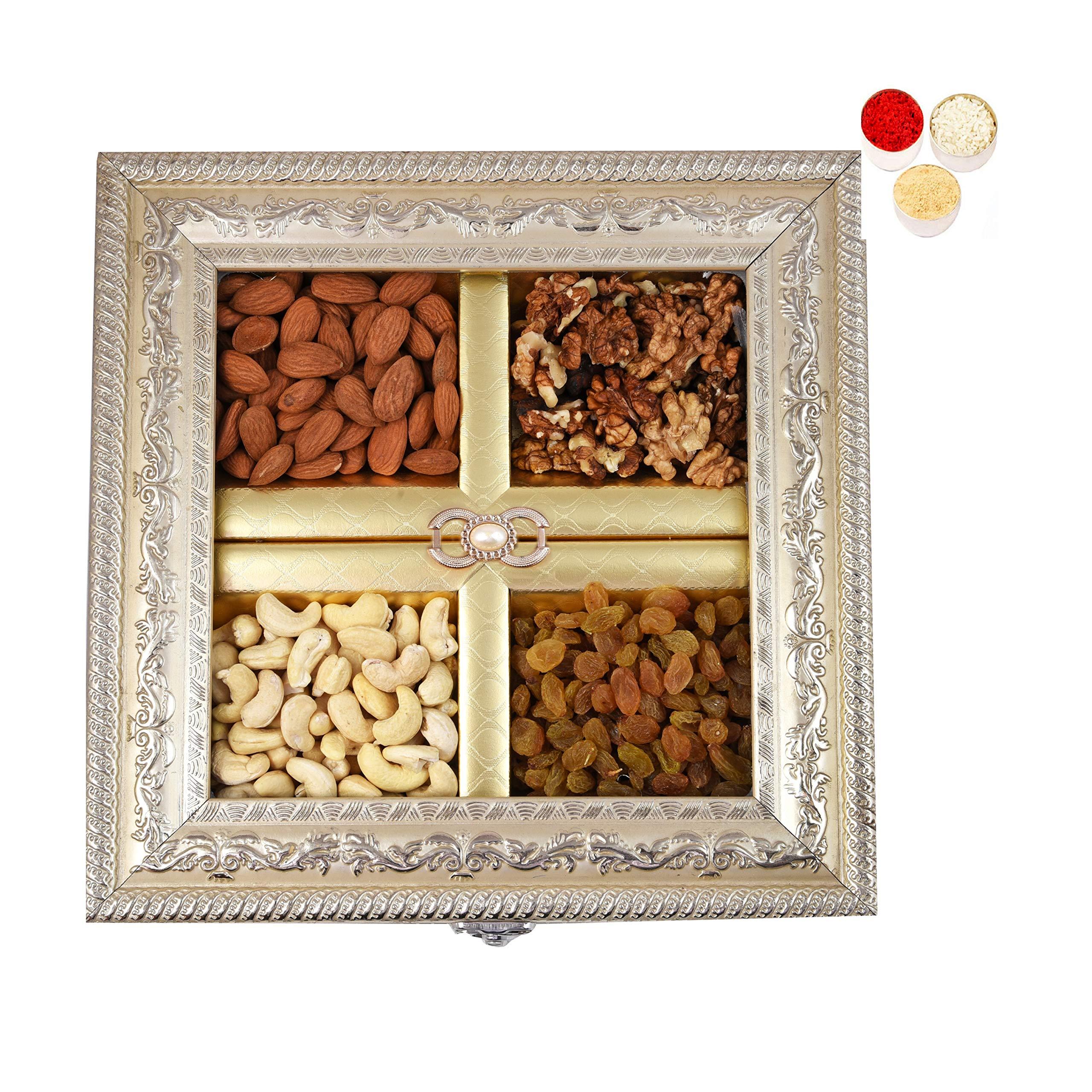 MANTOUSS MANTOUSS Bhaiya Dooj/Bhai Dooj Dry Fruit Combo-Cashew,Almond,Walnut and Raisin (100gms Each) 400gms + Free Roli, Chawal and Chandan