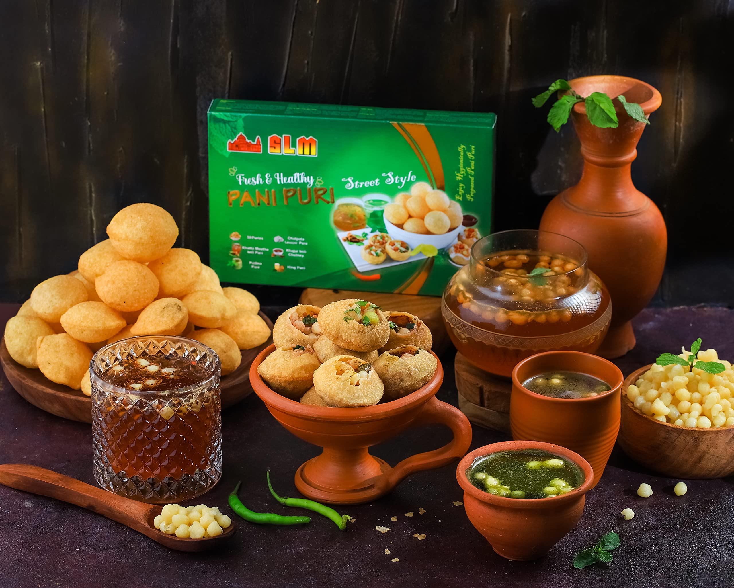 SLM SLM Pani Puri Golgappe Puchka kit with 4 Different Flavours 50Pcs Puris.(Pack of 5) Pudhina Pani, Hing Pani, Lasooni Pani, Khatha Meetha Imli Pani and khajur Imli Chutney 250g Each Combo