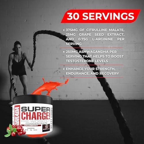Labrada Labrada Super Charge Pre-Workout Concentrate 150g, Cranberry (30 Servings | 0.75g L-Arginine |375mg L-Citrulline Malate |2g Beta Alanine | 150mg Caffeine Anhydrous | 250mg Ashwagandha Extract)