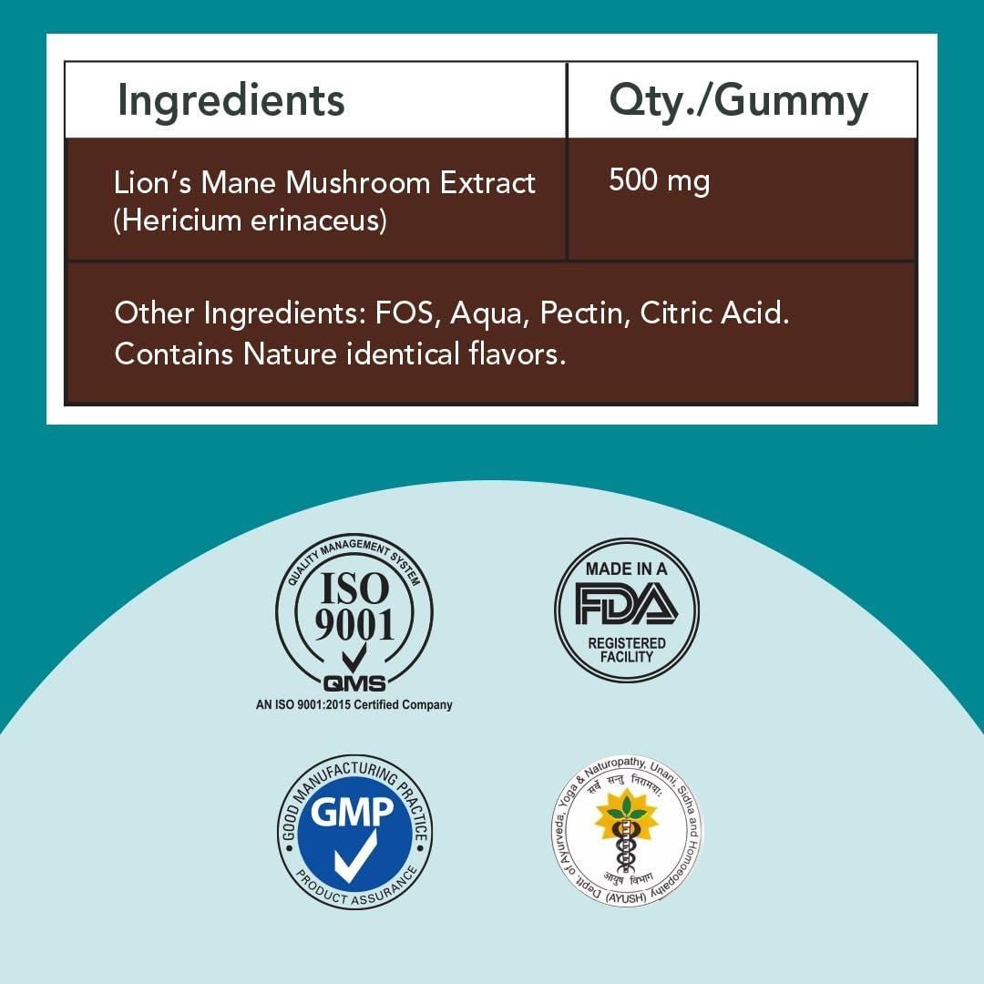 ROOTED Rooted Actives Certified Organic Lions Mane Mushroom Extract Gummies | Memory, Focus, Brain Powder & Nerve Health | Usda Organic, No Sugar, Blueberry Flavor | Lions Mane Powder