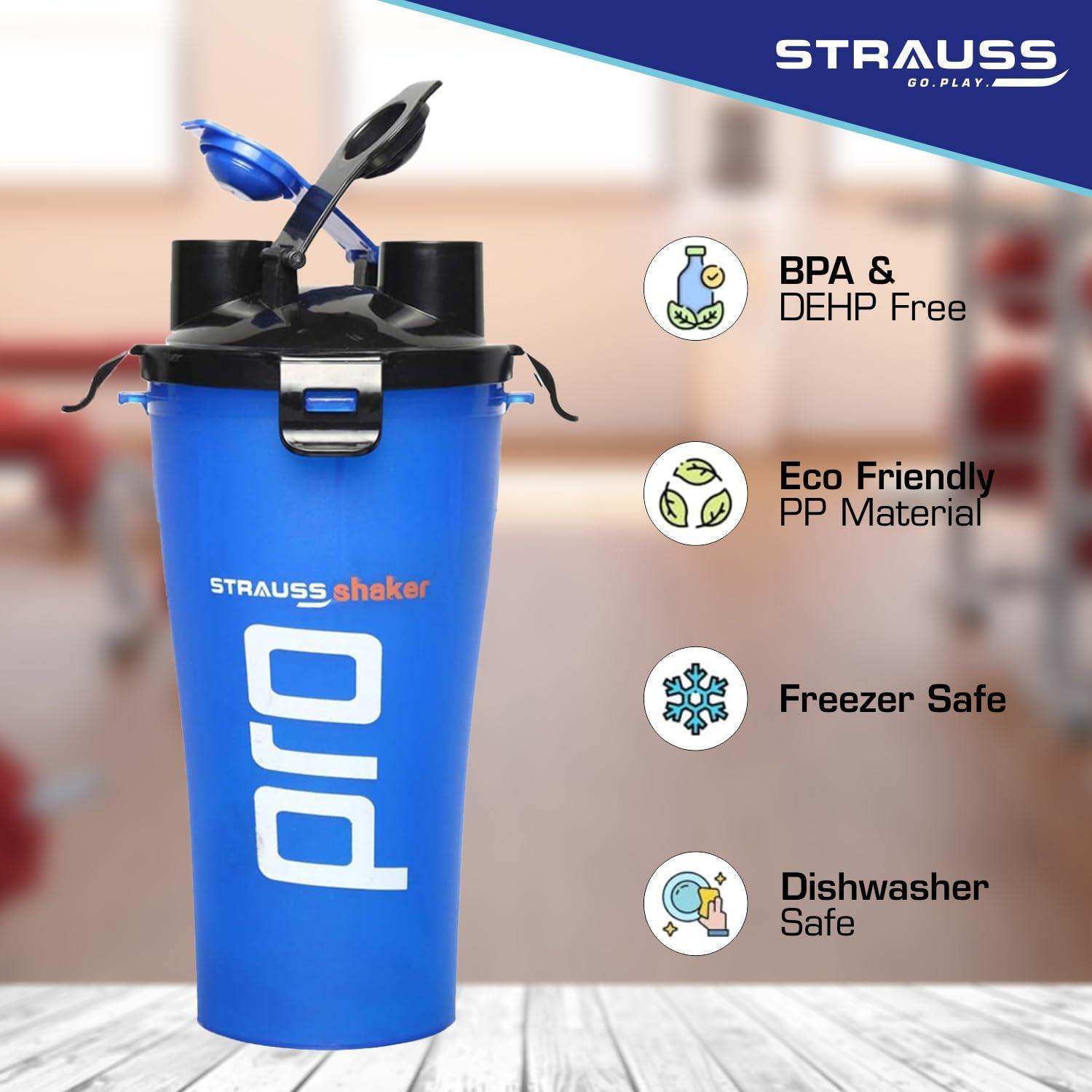 STRAUSS STRAUSS Dual Shaker Pro | Pre & Post Protein Shake On the Go | Leakproof and BPA-Free Material | Dual Shaker Bottle | Protein Shaker Bottle for Gym | Suitable for Both Men and Women, 700ml,(Blue)