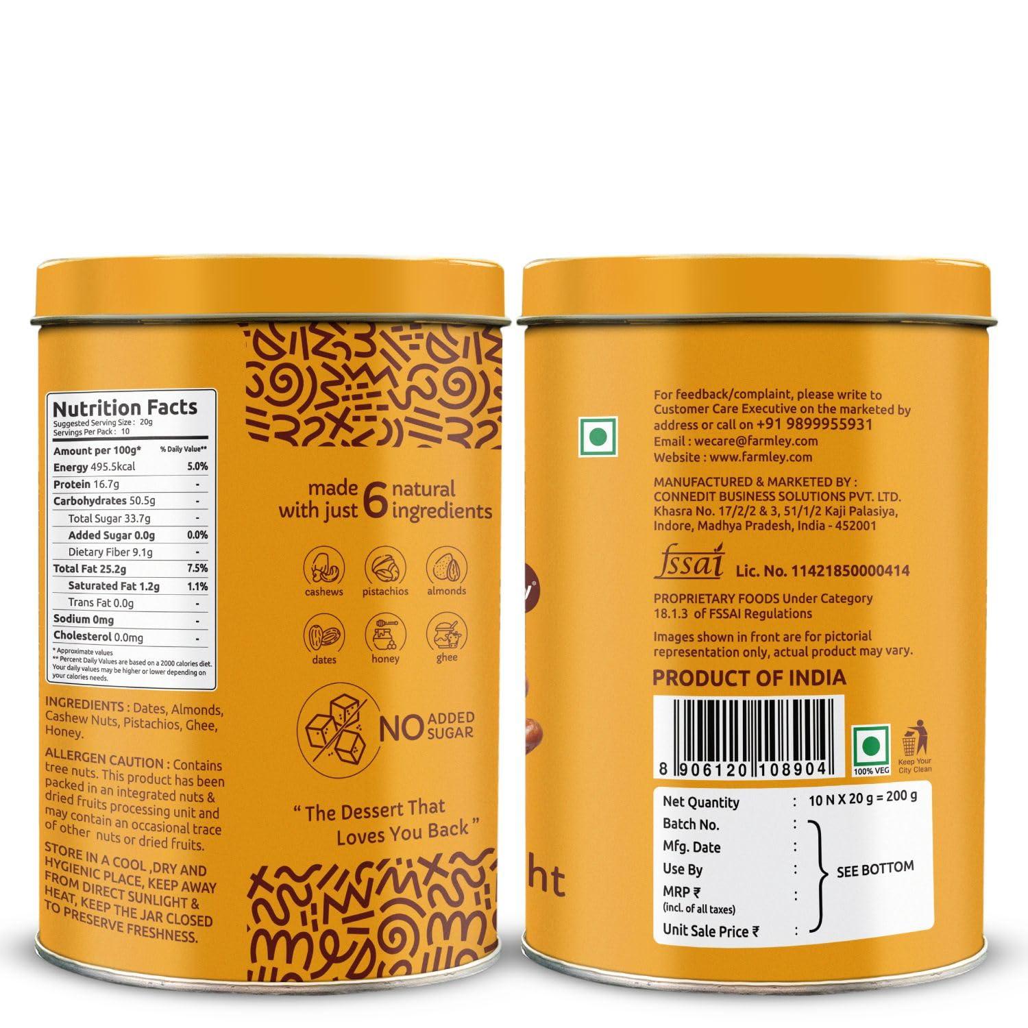 Farmley Farmley Date Bites I 360 gram I Dates Barfi Made with Dates, Pista, Cashews, Almonds, Honey and Pure Ghee I Dry Fruits Nuts, Healthy Delicious Indian Sweets, No Added Sugar, (180 g, Pack of 2)