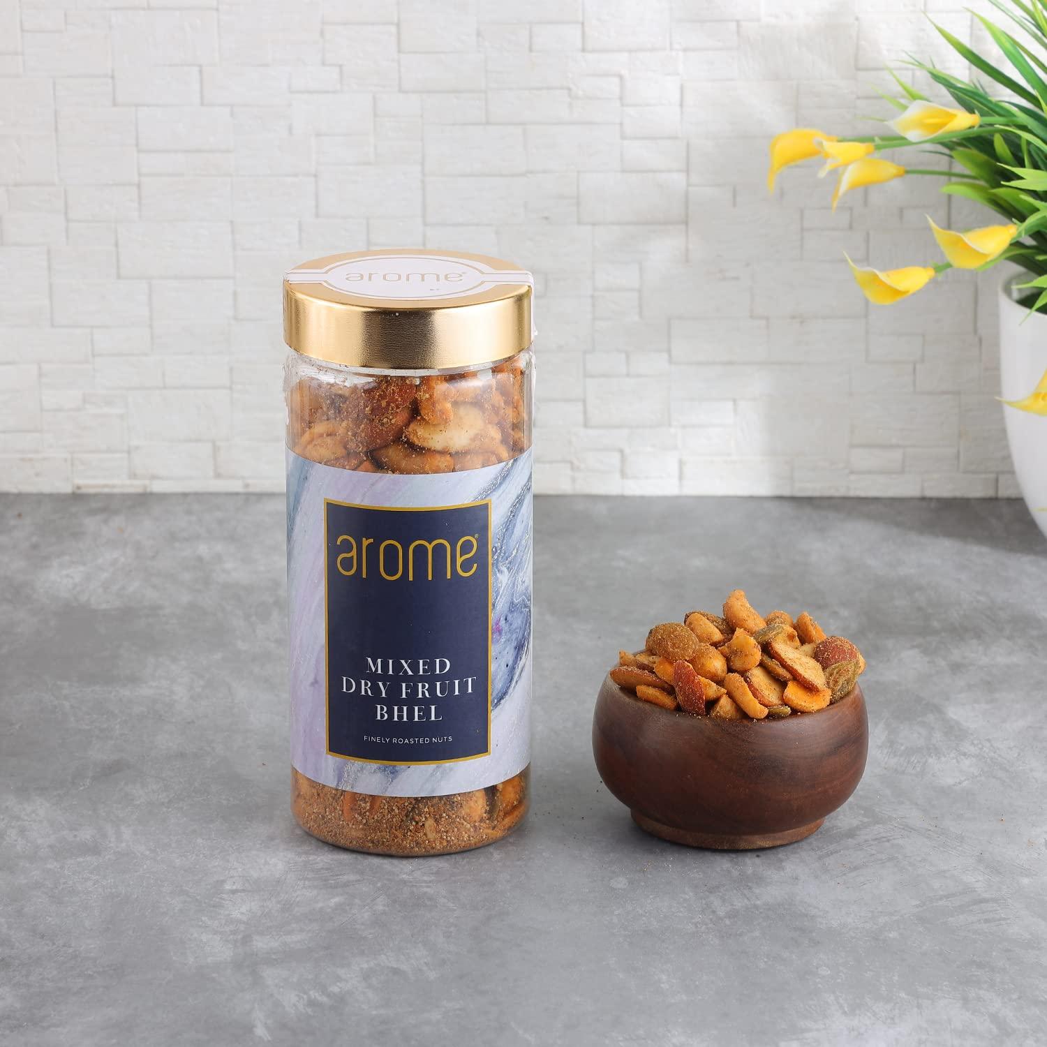 arome arome Mix Dry Fruits Bhel, 250 gm Pack | Mixed Nuts Like Almond, Cashews, Raisins, Pista with Unique Indian Spices | Healthy Snacks for Small Hunger | Assorted Dry Fruit, Berries and Nuts Mix