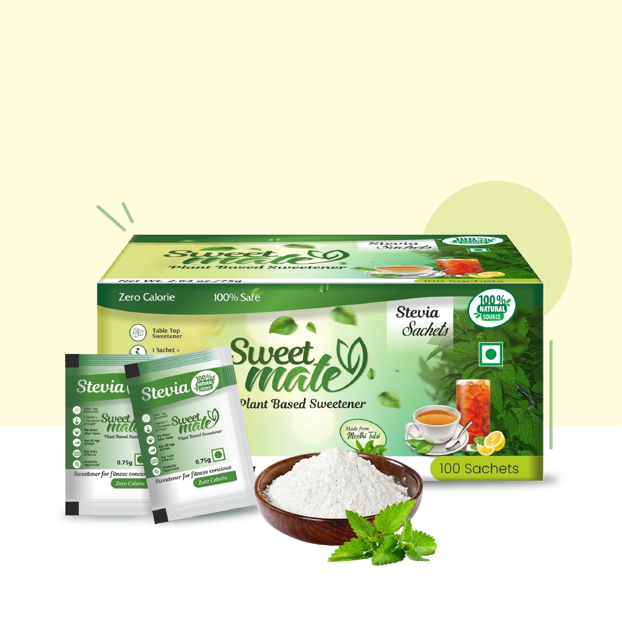 Sweetmate Sweetmate Stevia Sachets 600 (100 Sachets x Pack 6) Servings 100% Sugar Free Vegan Keto Friendly Natural Diabetic Friendly Plant-Based Sweetener Powder with Zero Stevia leaves Powder