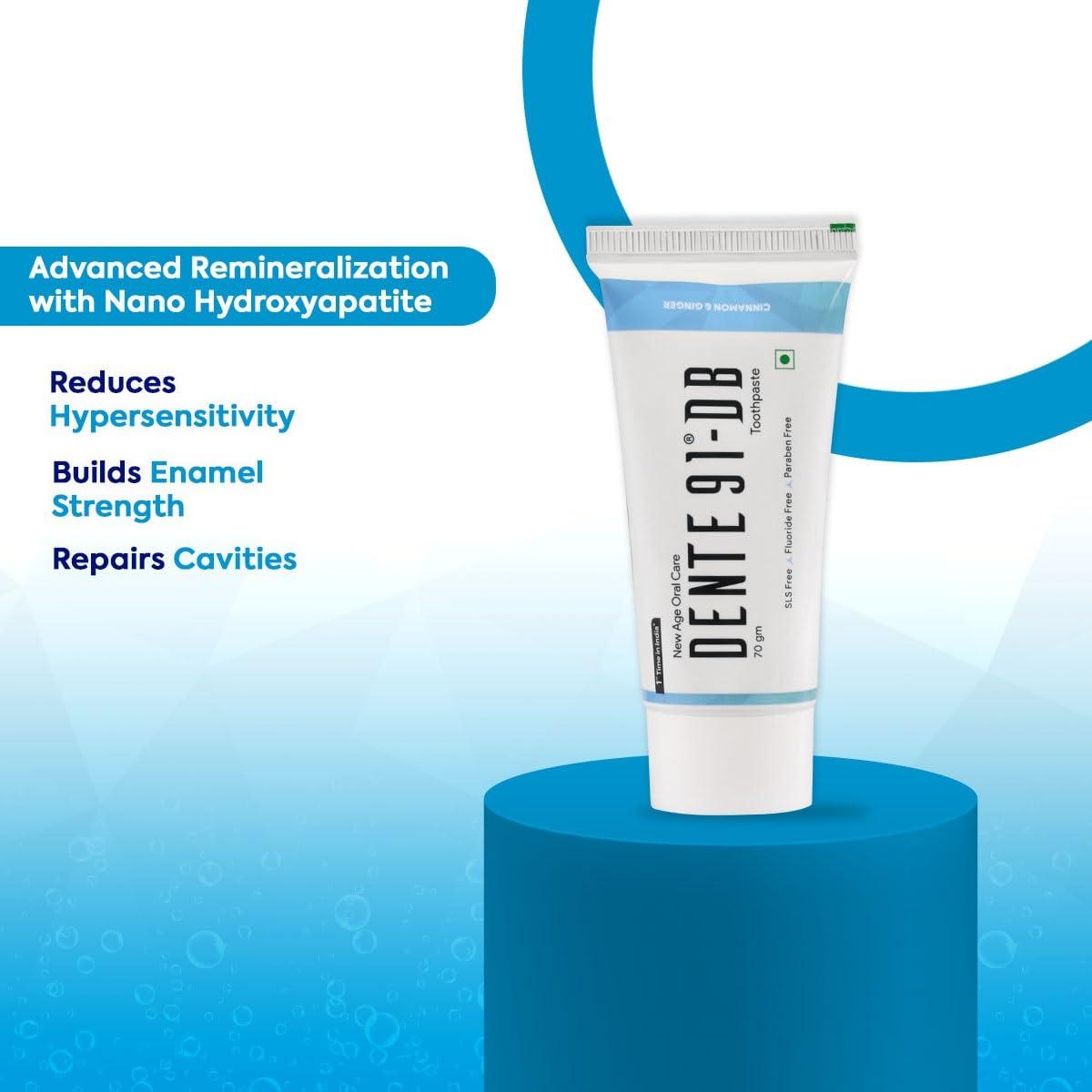 DENTE91 Dente91 DB Toothpaste| Sensitivity Relief | Repairs Cavities | Fights Gum Disease | Reduces Bad Breath | Strengthens Enamel | SLS free | Fluoride free | Paraben free, Pack of 1, 70g