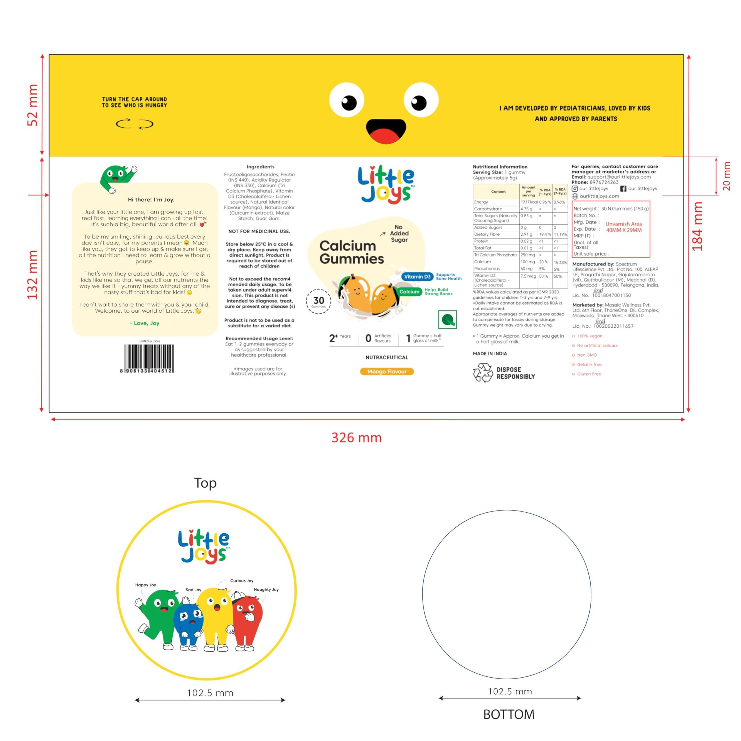 Little Joys Little Joys Calcium Gummies for Kids (2+ years) With No Sugar Added | For Stronger Bones, Joints, Teeth & Immunity | Mango Flavour | 30 Gummies