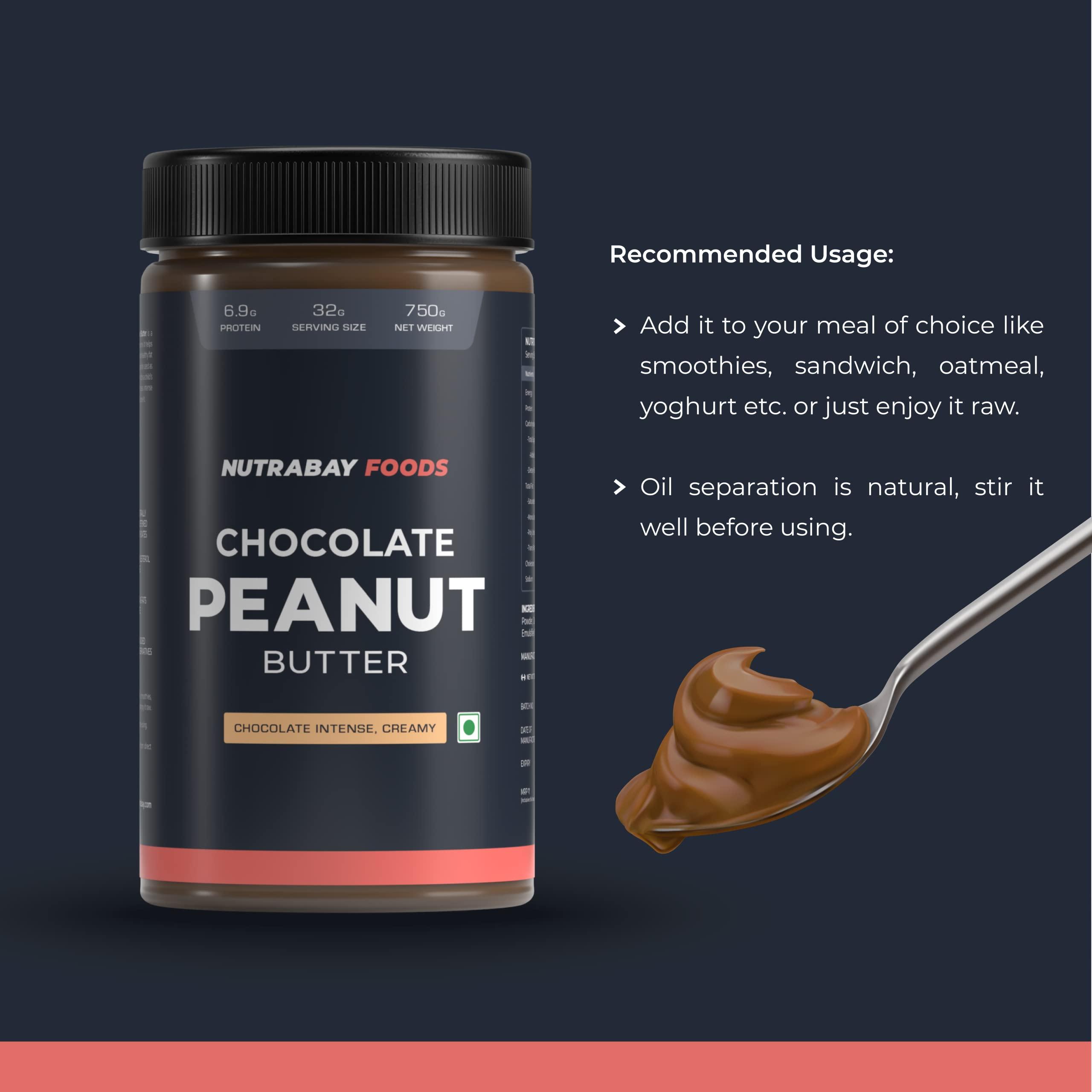 Nutrabay Nutrabay Foods Peanut Butter (Creamy) - Chocolate Intense, 750g | 100% Roasted Peanuts, 22g Protein, Zero Cholesterol, Vegan, Gluten Free, Non GMO