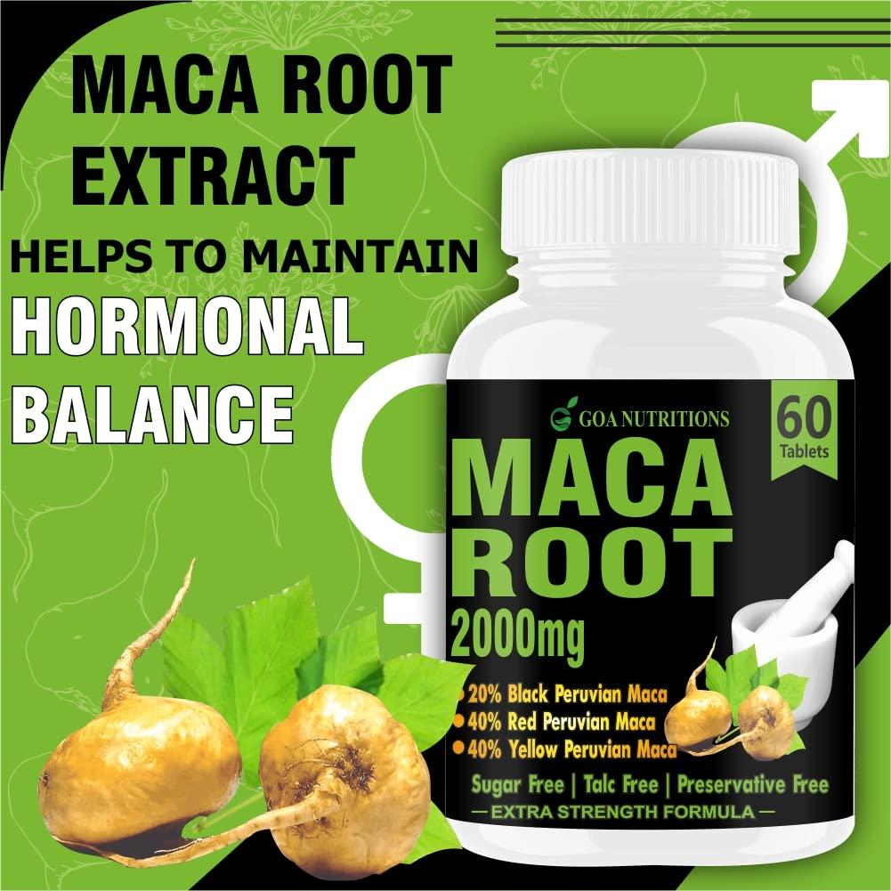 GOA NUTRITIONS GOA NUTRITIONS Maca Root Extract Adaptogen Complex Red, Black and Yellow Grade, As Dietary Supplement, No Sugar, Preservatives, And Talc -60 Tablets (Pack 1)