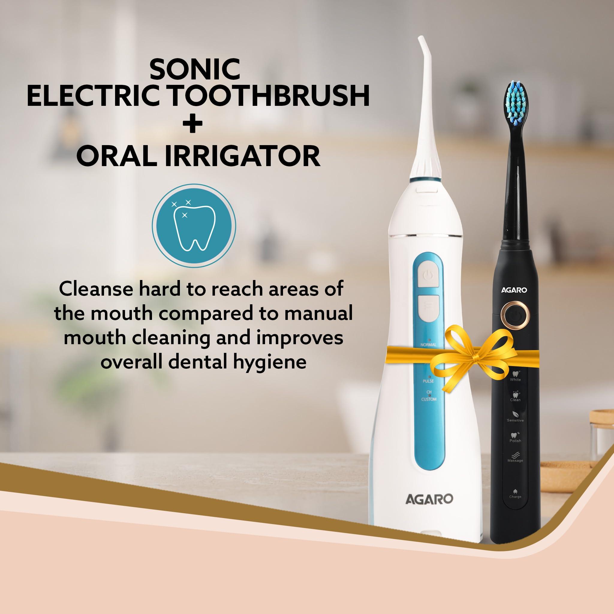 AGARO AGARO Cosmic Plus Sonic Tooth Brush Black & Ultra Portable Oral Irigator 200 ML White & Blue, Combo