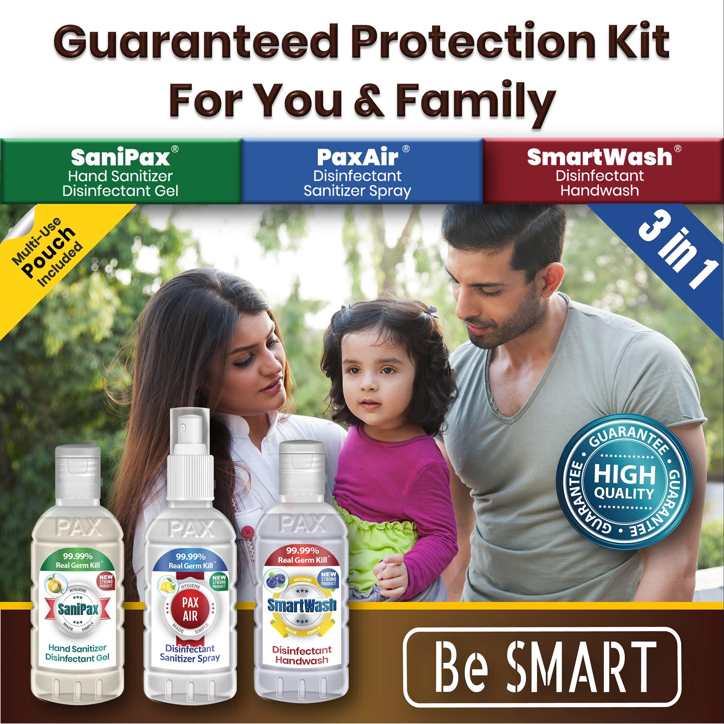 SMARTWASH BeSmart PRO Hygiene Kit : 3 in 1 Disinfectant Combo of SANIPAX Hand Sanitizer (50ml), PAXAIR Disinfectant Spray (50ml), SMARTWASH Handwash (50ml) in a Multi-Use Pouch