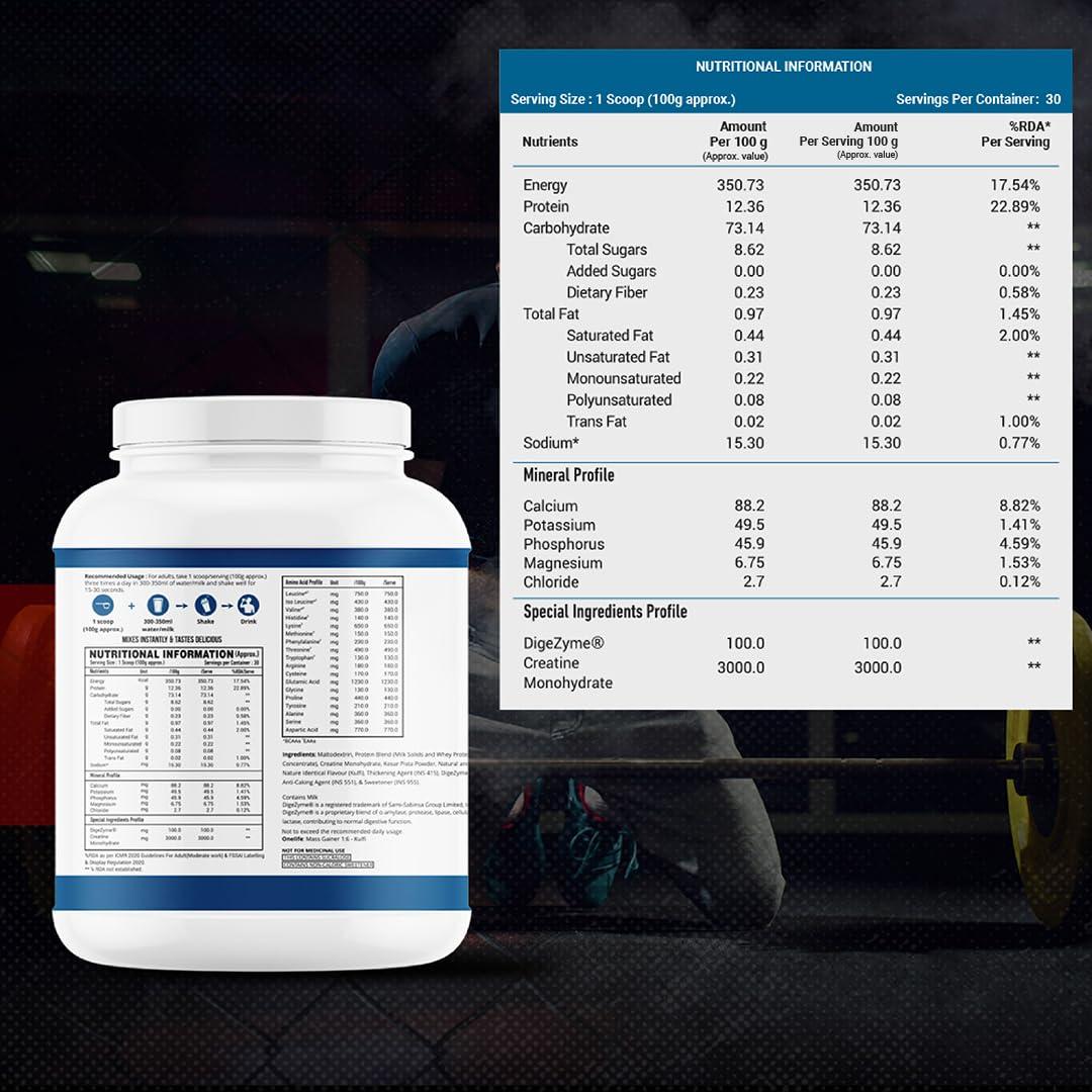 OneLife Onelife Mega Mass Gainer XL | 1050 Calories/day, 219 Carbs/day, 36g/day Protein, Vitamins & Minerals I For Lean Mass & Muscle Gain I No Added Sugar, Powered with Digezyme I Kulfi Flavour 3kg