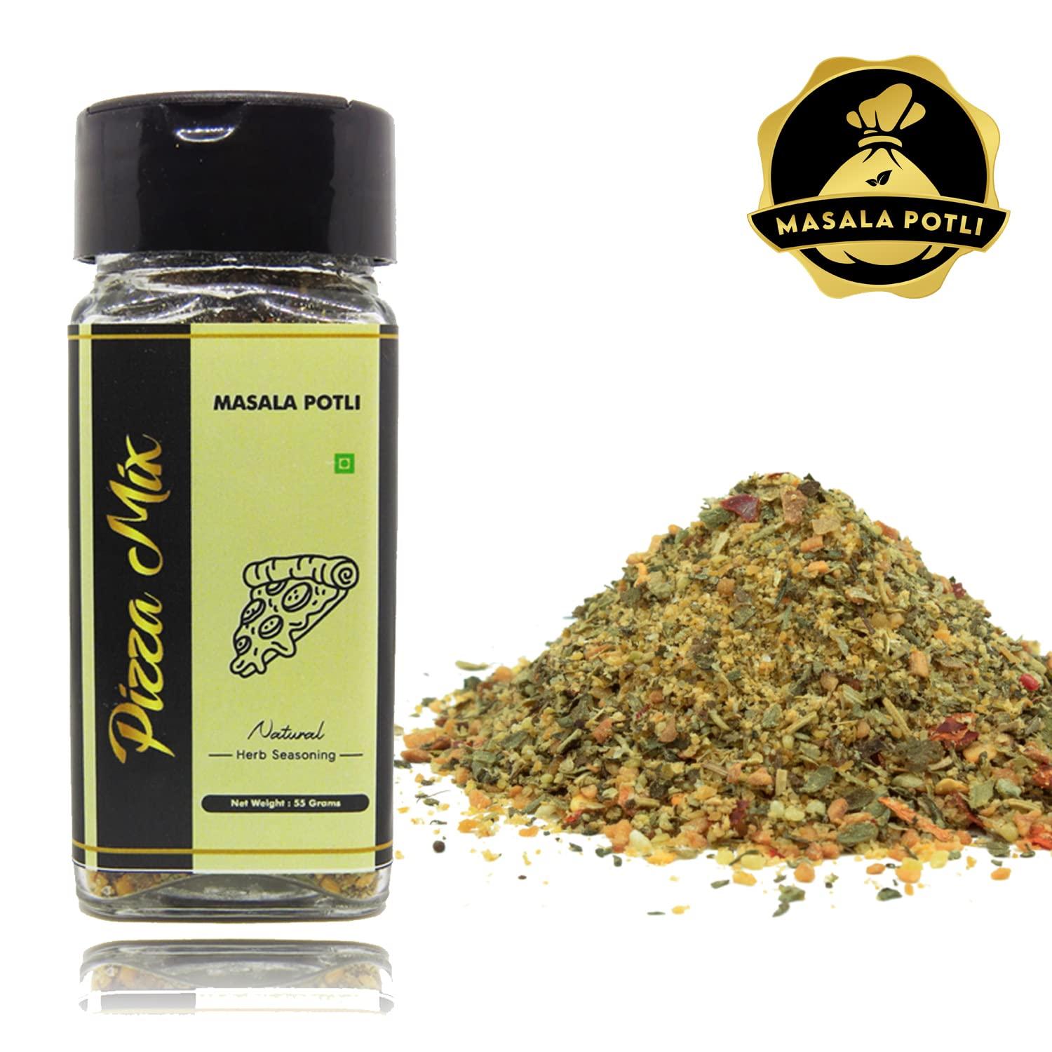 MASALA POTLI Masala Potli Dried Mixed Herbs Multipurpose Pizza Pasta Italian Seasoning for Cooking, Garnishing (Pizza & Pasta Seasoning, Sprinkle Glass Packing - 55 Grams)