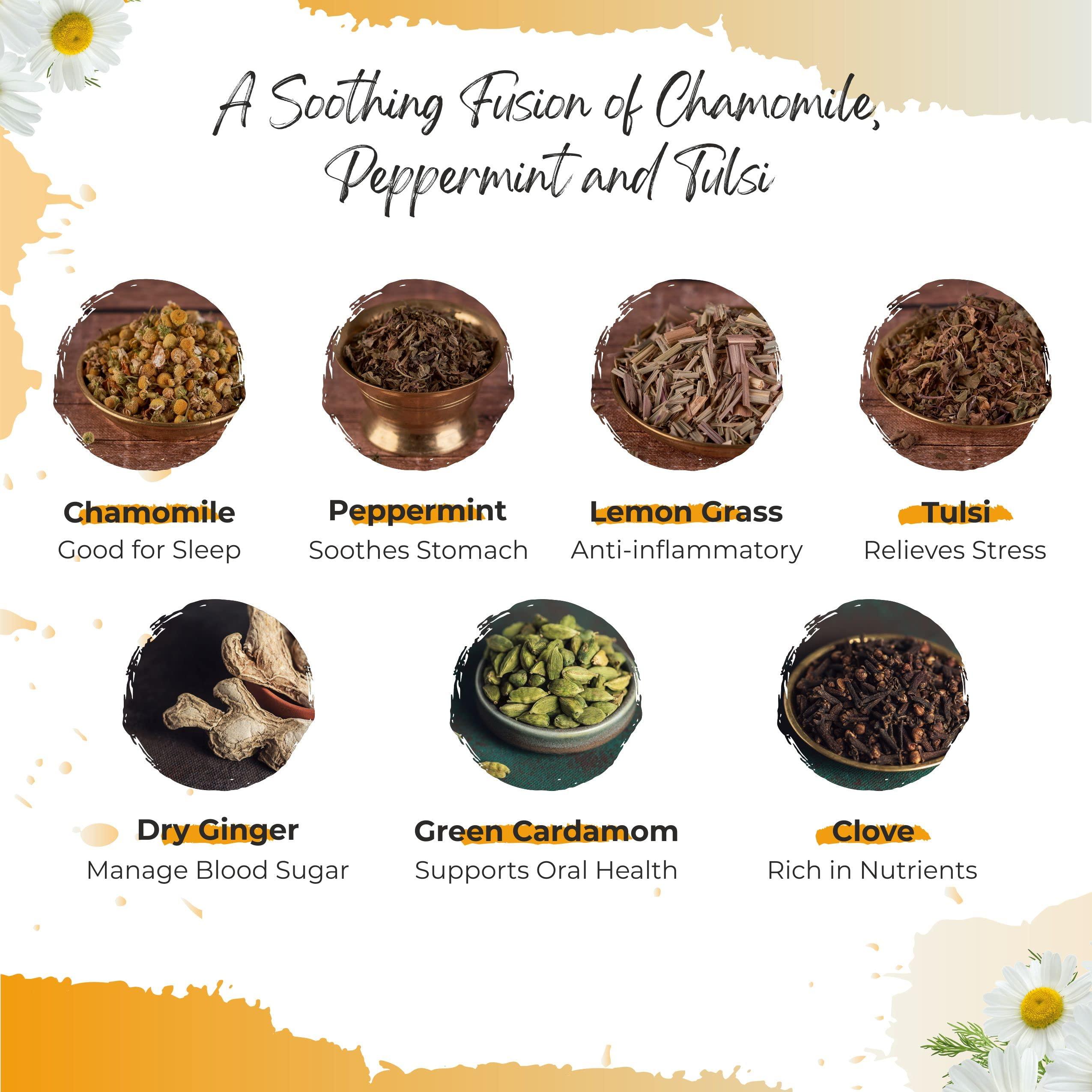 6rasa 6rasa Chamomile Calm Tea Bags With Mint, Tulsi | For Good Sleep And Stress Relief | 100% Natural Herbs & Spices | No Added Sugar (1.6 Gram Each, 25 Tea Bags) (Pack Of 1)