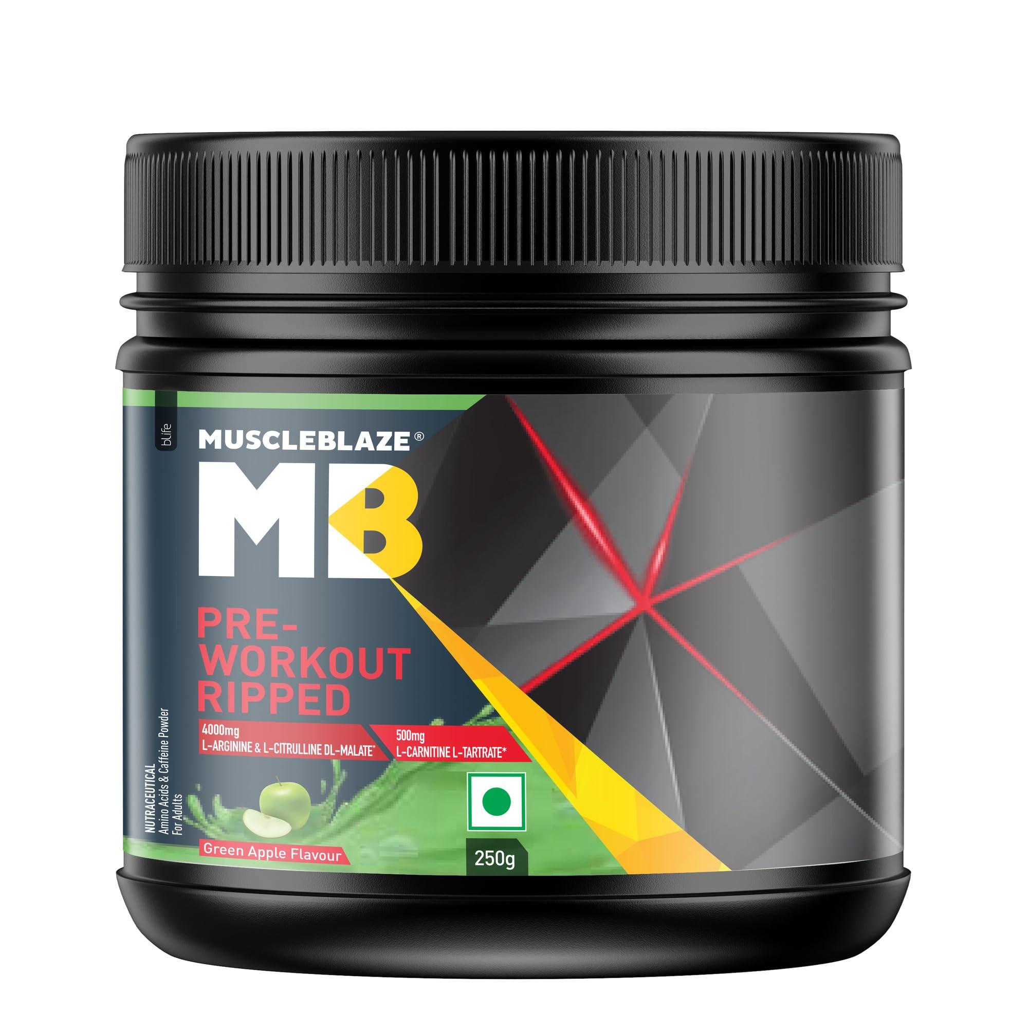 MuscleBlaze MuscleBlaze Pre Workout Ripped Powder(Green Apple, 27 Servings, 250G)| 4000Mg Citrulline & L-Arginine, 500Mg L-Carnitine, 500Mg Garcinia Extract