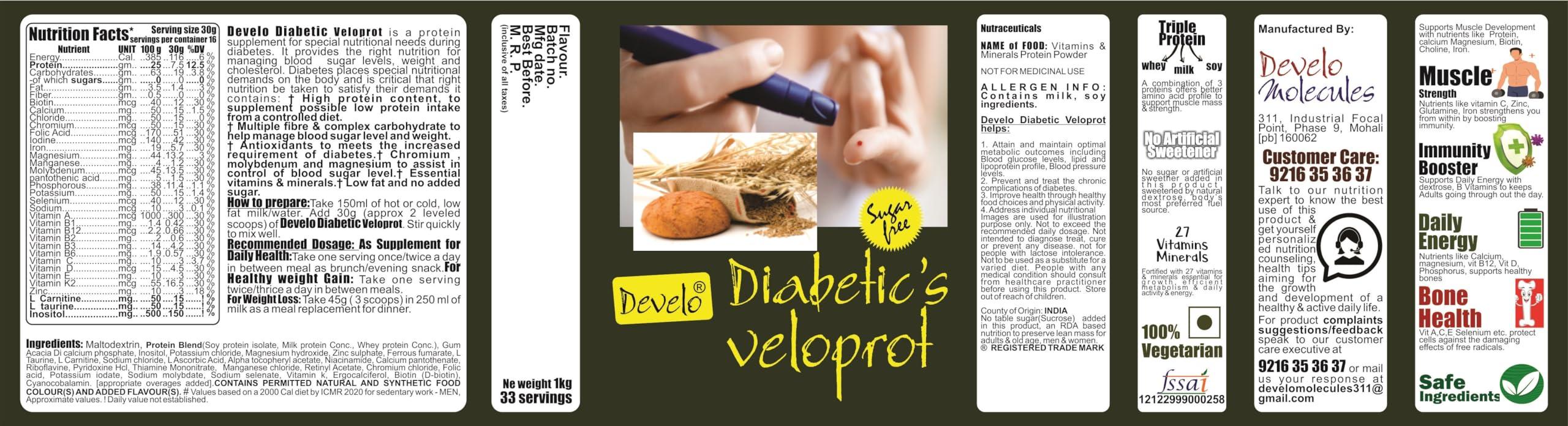 DEVELO Develo Diabetic Protein Powder for diabetes patient Care, Sugar Free Supplement  1 kg (Vanilla)