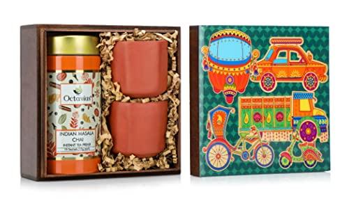 Octavius Octavius Desi Chai Set | Mithila Print | Indian Masala Chai Instant Tea Premix With 2 Handmade Terracotta Kullads (Cups) | Gift Pack For Family