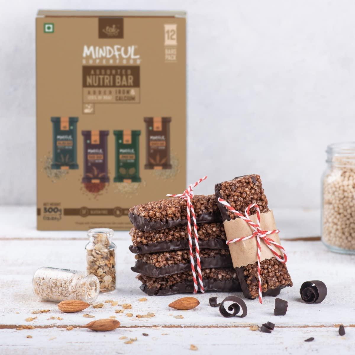 Mindful Eat Anytime Mindful Healthy Assorted Millet Energy Bar | Gluten Free & High Fiber | Energy Bar Sugar Free| Healthy Bar & Breakfast Protein Bar | Millet Bar/Energy Bar-300gm (12pcs of 25gm)