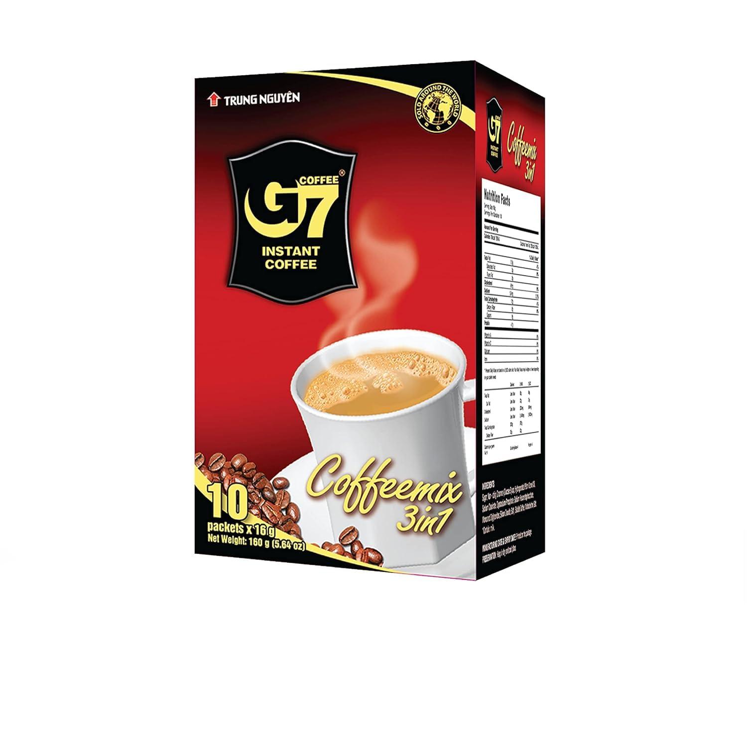 G7 G7 Trung Nguyen 3 in 1 Instant Coffee Vietnamese Premium Gourmet Premix Soluble Non Dairy Creamer Ground Coffee Box with Sugar (10 Sachets x 16Gms)- 160Gms
