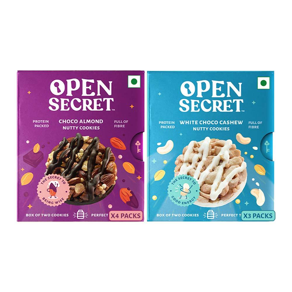Open Secret Open Secret Multi Flavor Tiffin Snacks- Healthy Choco Almond (4) + White Choco Cashew (3) Cookies with Nuts |No Added Maida, Family & Back to School Snacks Biscuit | 7 Boxes (2 Cookies per Box)