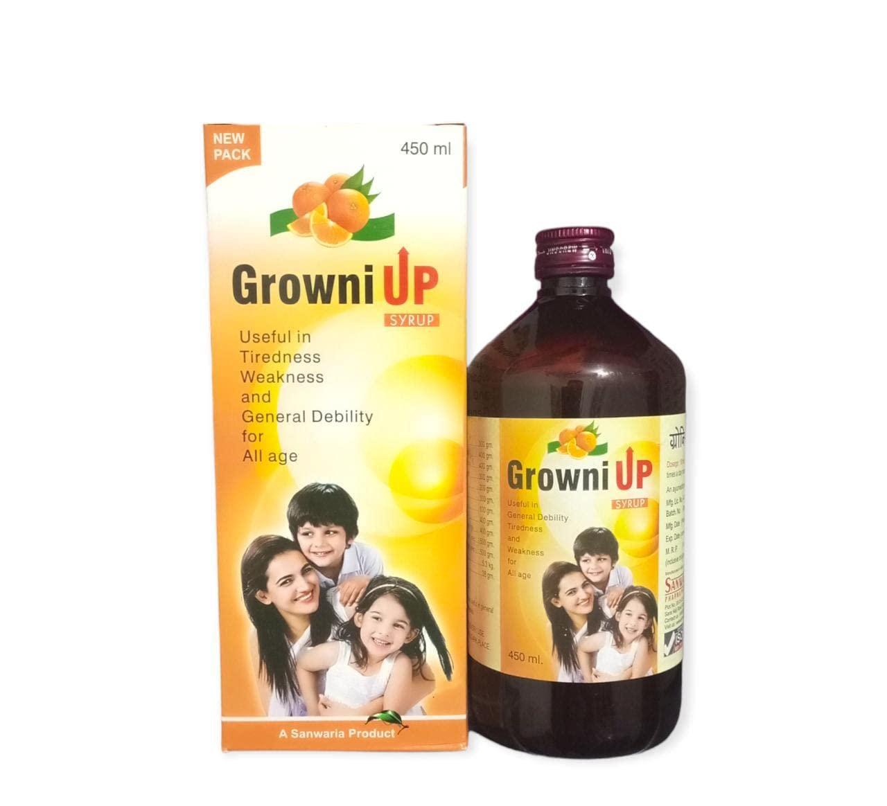 Sanwaria Pharma pvt. ltd. Growni Up Ayurvedic Tonic Useful In Tiredness, Weakness And General Debility For All Ages | Improves Haemoglobin Level - PACK OF 1 (450 ML) | Orange Flavour|