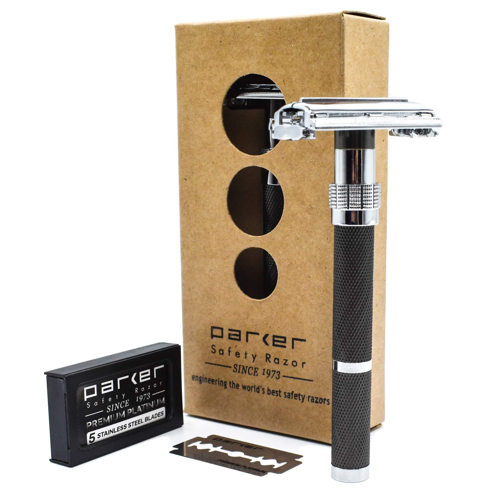 Parker Safety Razor PARKER Safety Razor - (96R) Long Handled Butterfly Open Safety Razor Includes with 5 Parker Premium Platinum Double Edge Razor Blades