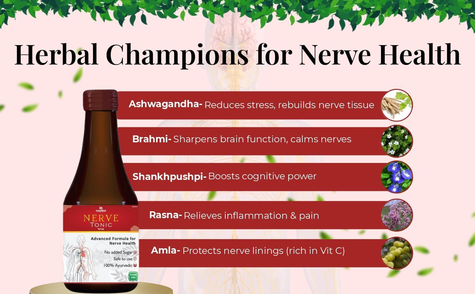 Inds well ayurveda Inds well ayurveda Nerve Tonic Syrup|100% Ayurvedic Nerve Tonic|Ashwagadha, Rasna, Suranjan, & Vach|Nervous System|Pain Killer|Herbal Syrup - 200 G