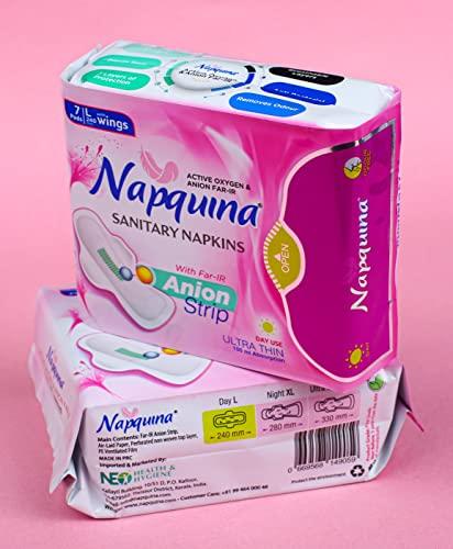 NAPQUINA Napquina Anion Sanitary Pads for Women with Active Oxygen - Organic Rash-Free Ultra-Thin Cotton Soft Negative Ion Pads for Day and Night Use with Wings - (Large 240 mm - 1, X-Large 280 mm - 3)