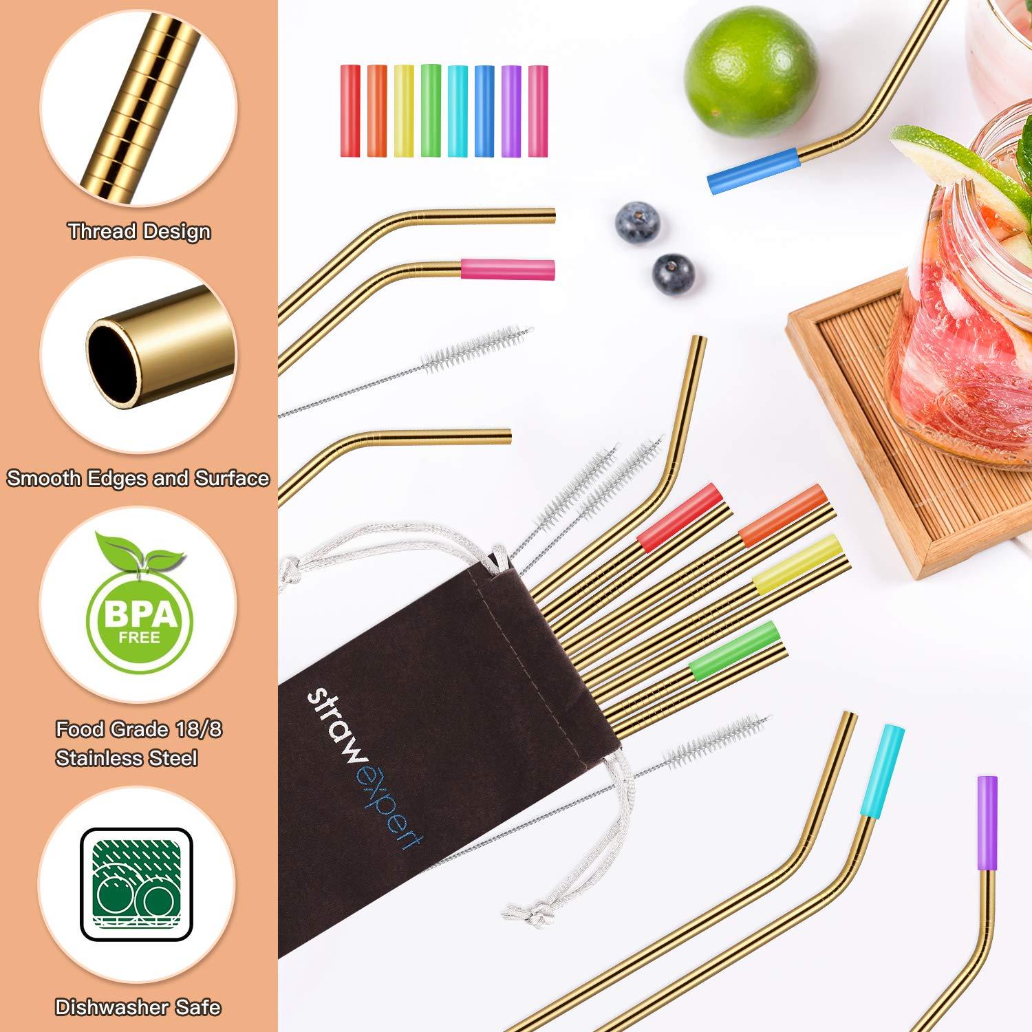 StrawExpert StrawExpert 16 Pack Gold Reusable Metal Straws with Silicone Tip & Travel Case & Cleaning Brush,Long Stainless Steel Straws Drinking Straw for 20 and 30 oz Tumbler