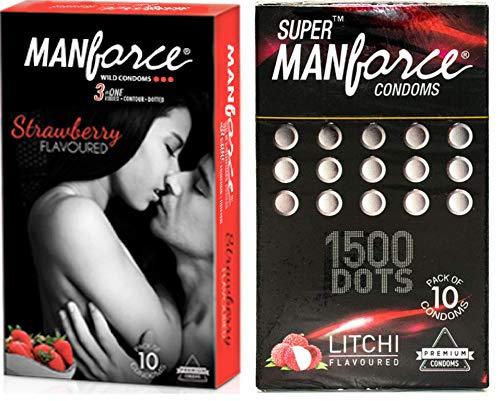 Manforce Manforce 3 in 1 Wild Ribbed Contour Dotted Strawberry Flavor Condoms (10 Condoms), Super Manforce XXXtra Dotted Litchi Flavor Condom With 1500 Dots Like As Extra Dotted Condom (10 Condoms)