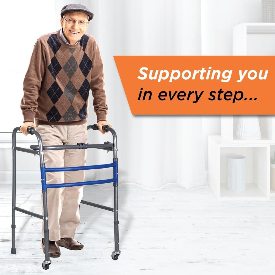 Vissco Vissco Dura Max Walker for Elderly and those Physically Challenged, Foldable, Light Weight & Height Adjustable Walking Aid - Made with Premium Grade Rubber Shoes and PVC Grip - Universal (Black)