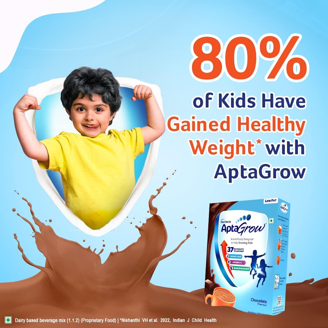 AptaGrow AptaGrow Milk Drink Powder for Kid s Height Gain, Immunity & Brain Development, Nutritious & Tasty Chocolate Flavor, 400g | 37 Nutrients | Prebiotics | Low Fat | Veg | Pack of 2