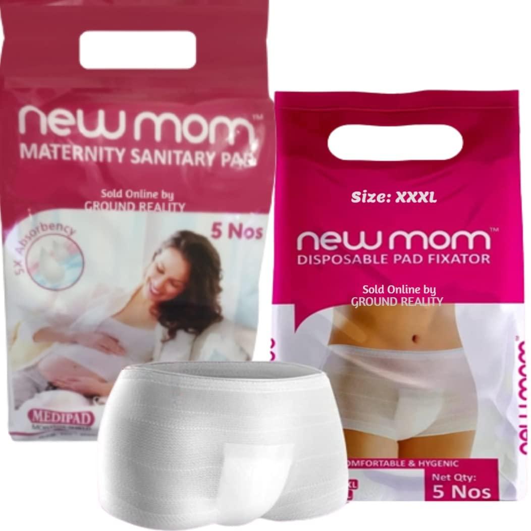 TUNSECHY TUNSECHY (Set of 25) New Mom Disposable Maternity Sanitary Pads for Women. 20 Medi pads for Medium Flow (450ml) + 5 XXXL size New Mom Panty Pad Fixator (washable and reusable) New Post Pregnancy Kit