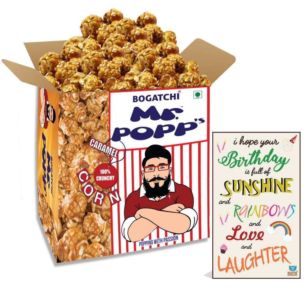 BOGATCHI BOGATCHI Mr.POPP's Caramel Popcorn, Handcrafted Gourmet Popcorn Party Snacks, 100% Crunchy Delicious Fully Popped Corns,, Best Birthday Gift for Girlfriend , 375g + Free Happy Birthday Greeting Card